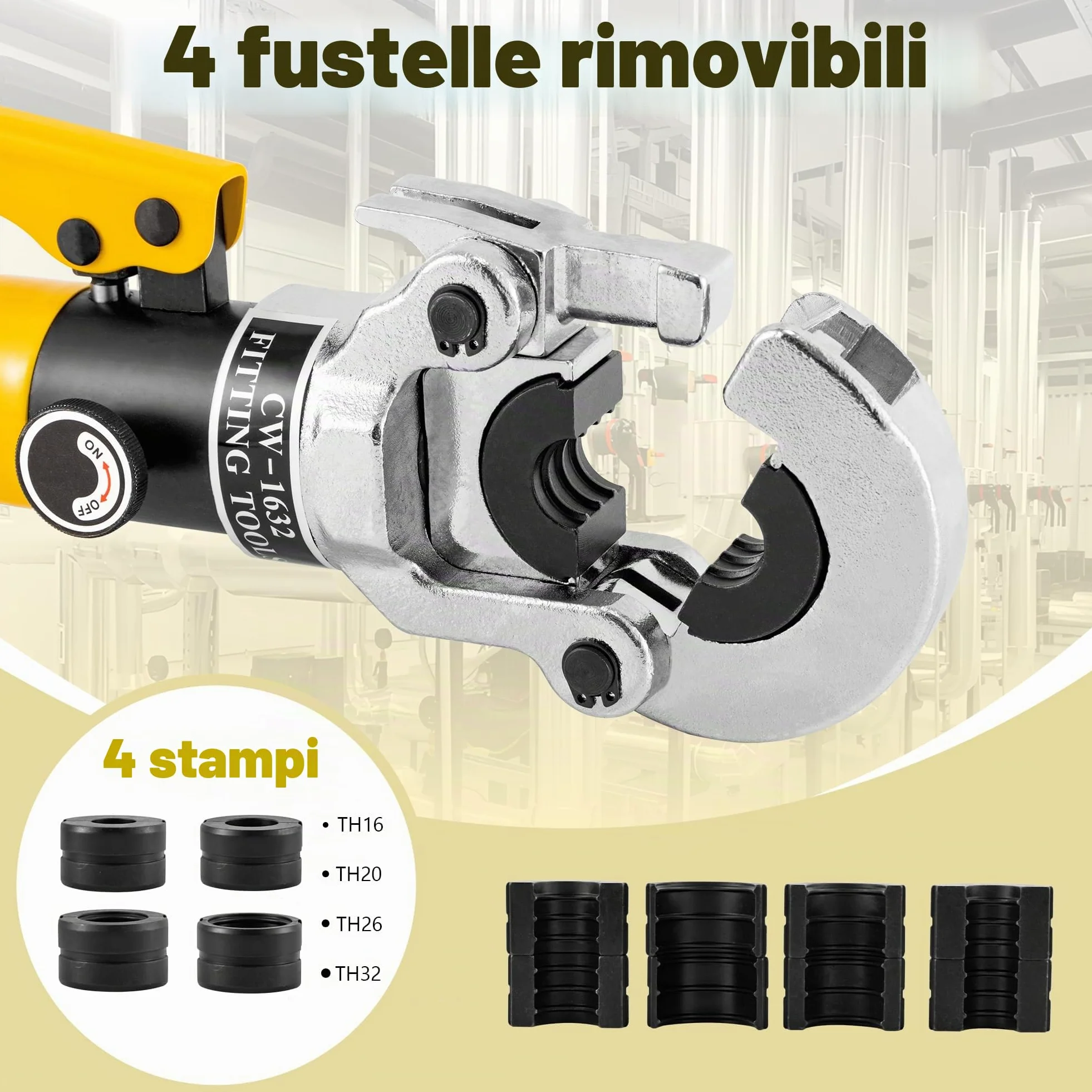 CGOLDENWALL Crimpatrice Idraulica Tubi Multistrato, con Stampi TH16 20 26 32 mm², Uscita 16T, con Testa di Crimpaggio Girevole a 360°, per Tubi in Rame/Alluminio Plastica/Pex/PB
