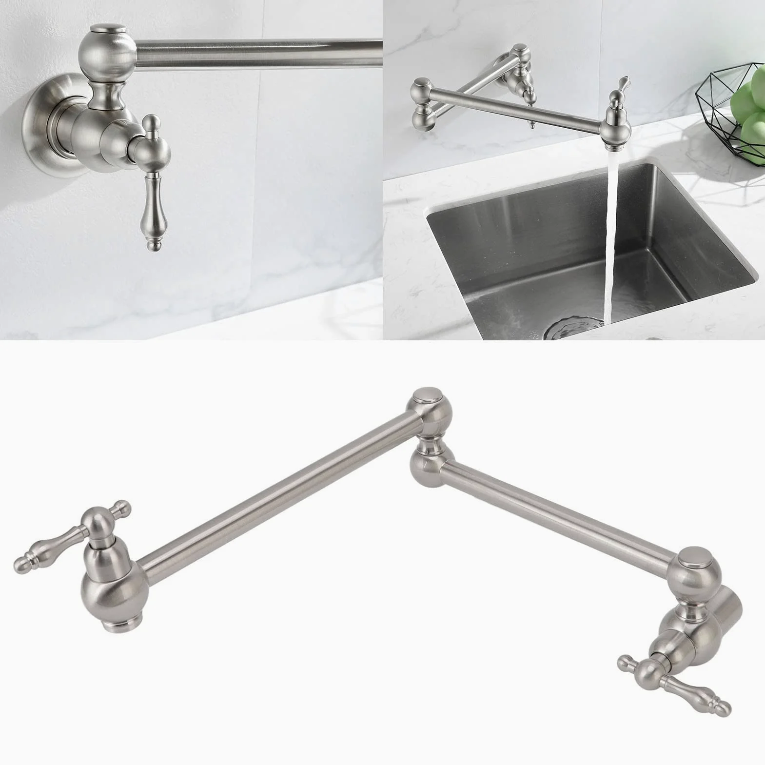 Rubinetto per riempimento pentole, rubinetto da cucina a parete in rame estensibile G1/2 Rubinetto pieghevole per riempimento pentole a due manici a foro singolo(Argento spazzolato)