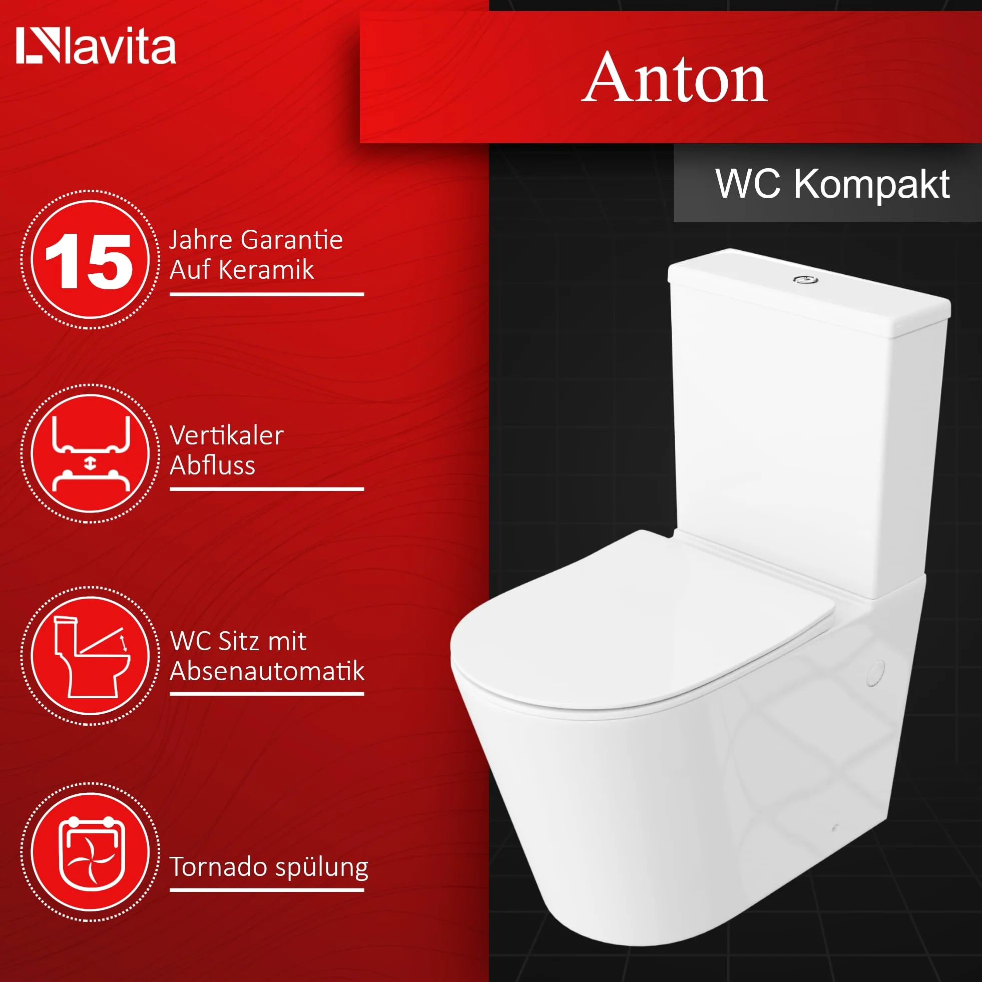LAVITA WC monoblocco con cassetta di scarico integrata ANTON WHITE Set completo WC con coperchio con chiusura automatica WC in ceramica senza brida Sistema di scarico TORNADO