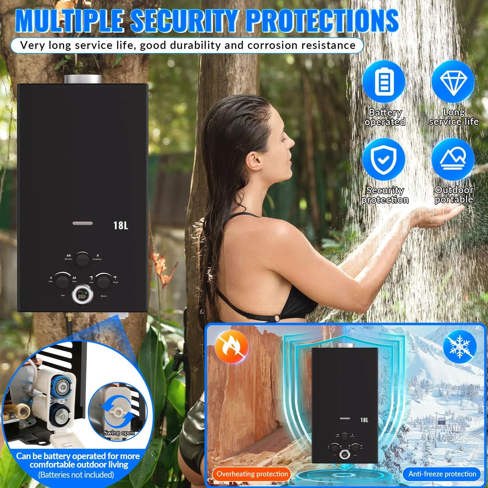Scaldabagno a Gas 18L, All'aperto Portatile Scaldabagno Istantaneo a Propano Con Display Digitale Multi-Protezione Parete senza Serbatoio Scaldacqua Istantaneo Automatico, classe energetica A