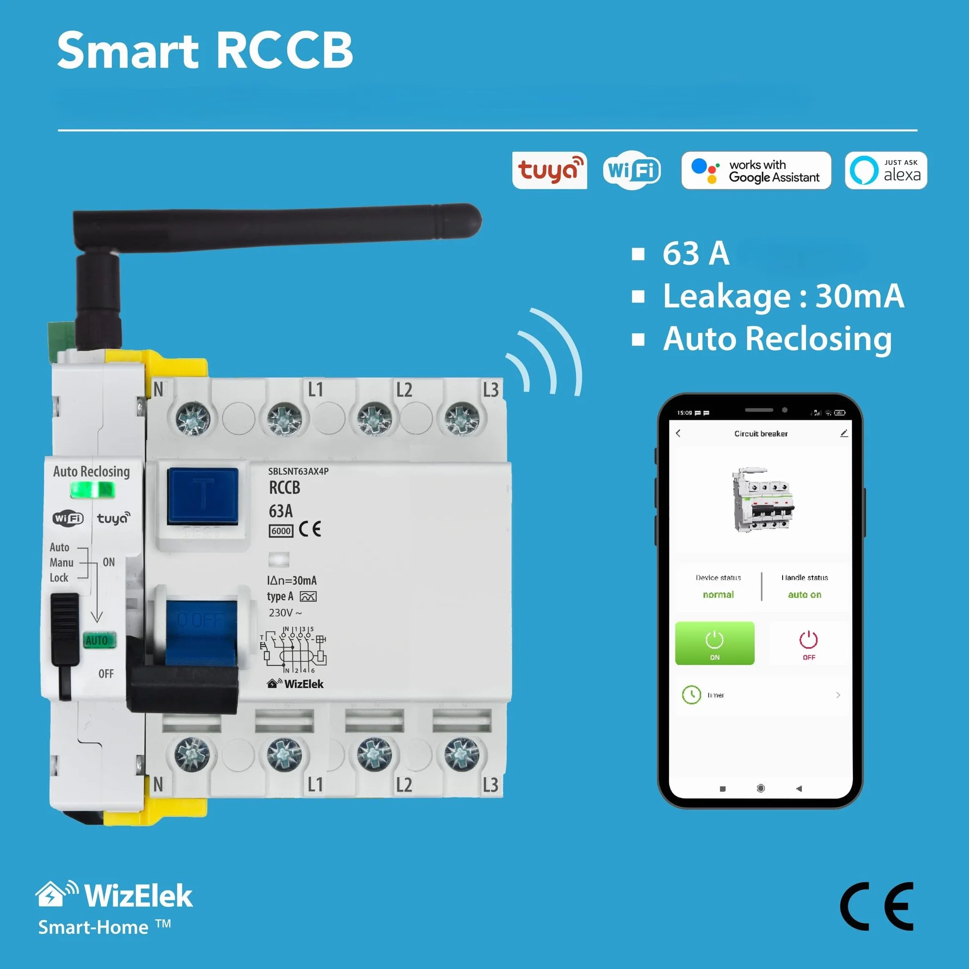 Smart-Home Salvavita Wi-Fi Tuya con Riarmo Automatico 4P Trifase 63A 30mA Tipo A&AC – Controllo Remoto – 5 Moduli DIN – RCCB EN 61008-1