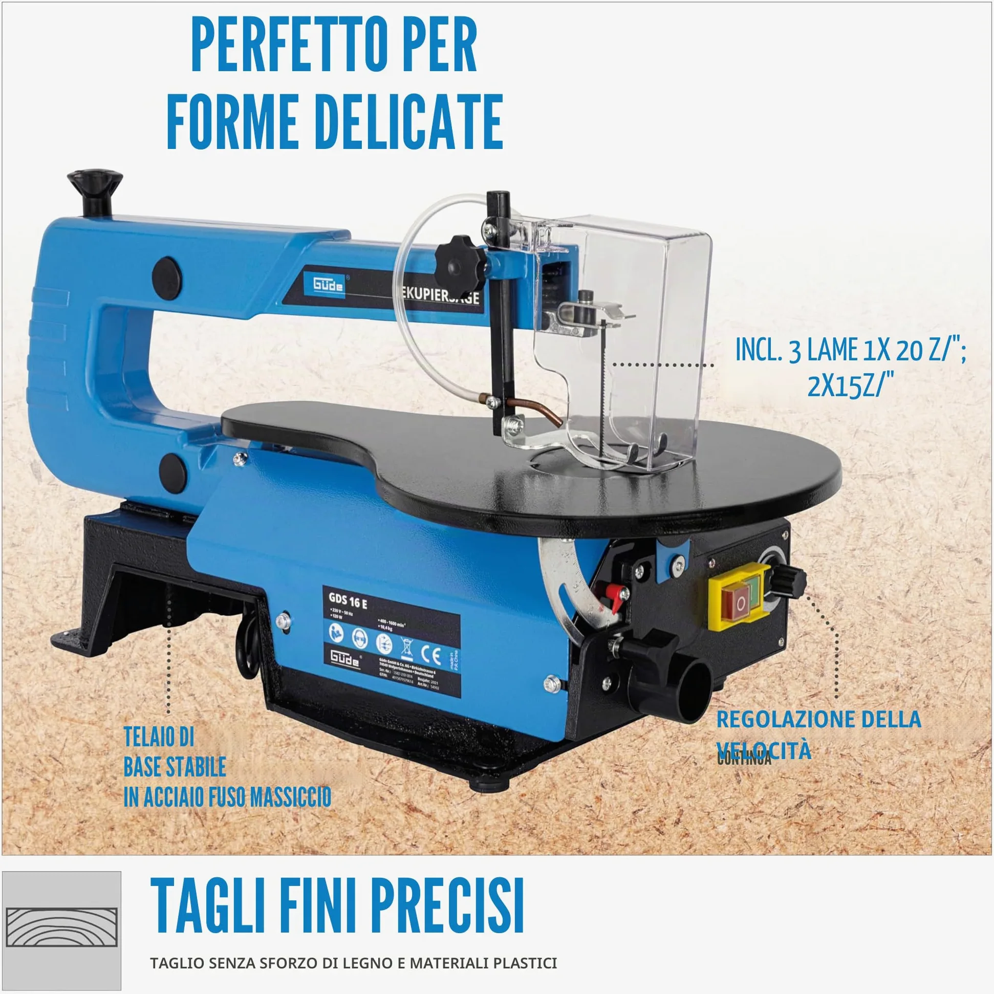 Güde - 54992 GDS 16 E - Seghetto alternativo 120 W, altezza massima di taglio 50 mm, lama 133 mm, profondità del tavolo