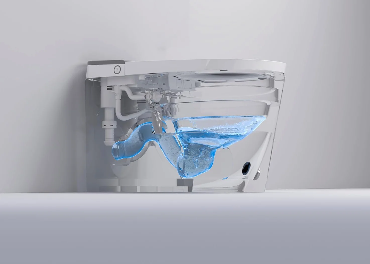 Lussuoso WC allungato con bidet intelligente, doppio risciacquo, apertura e chiusura automatica, sedile riscaldato, scarico a parete, bianco