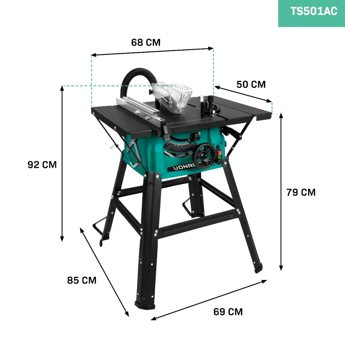 VONROC Sega circolare da banco 1500W, Ø 210 x 30 x 2.8/1.8 mm 40T. Include 2 estensioni per tavolo, una lama, un tubo per aspirapolvere e una guida parallela