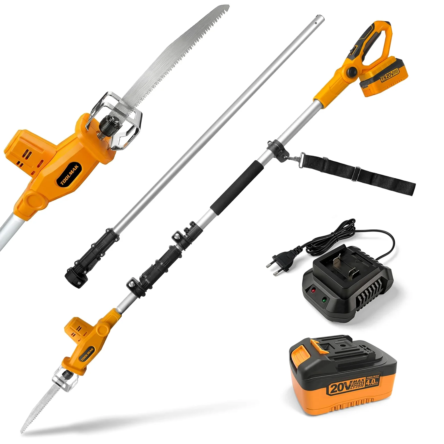 TOOLMAK Motosega a Batteria 20V 4,0Ah con Asta Telescopica 3m da Giardino | Sega Elettrica per Alberi e Rami, Lama 210 mm, seghetto per potatura(1 Batteria)
