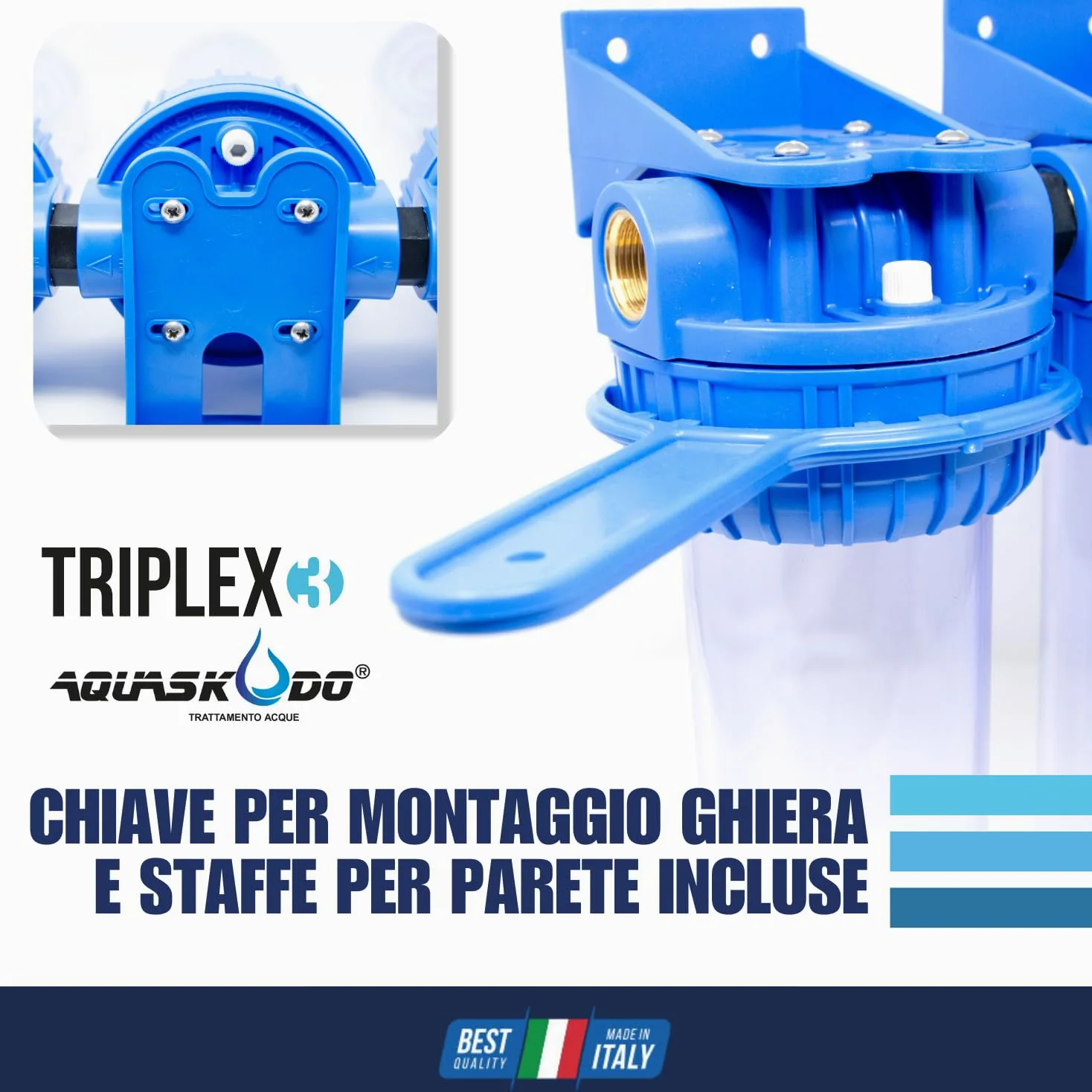 AQUASKUDO Filtro Acqua Rubinetto tre Stadi 3/4, Kit Filtro Acqua Sotto Lavello Made in Italy - Depuratore Acqua Domestico, Contenitore Filtri Anticalcare e Carboni Attivi