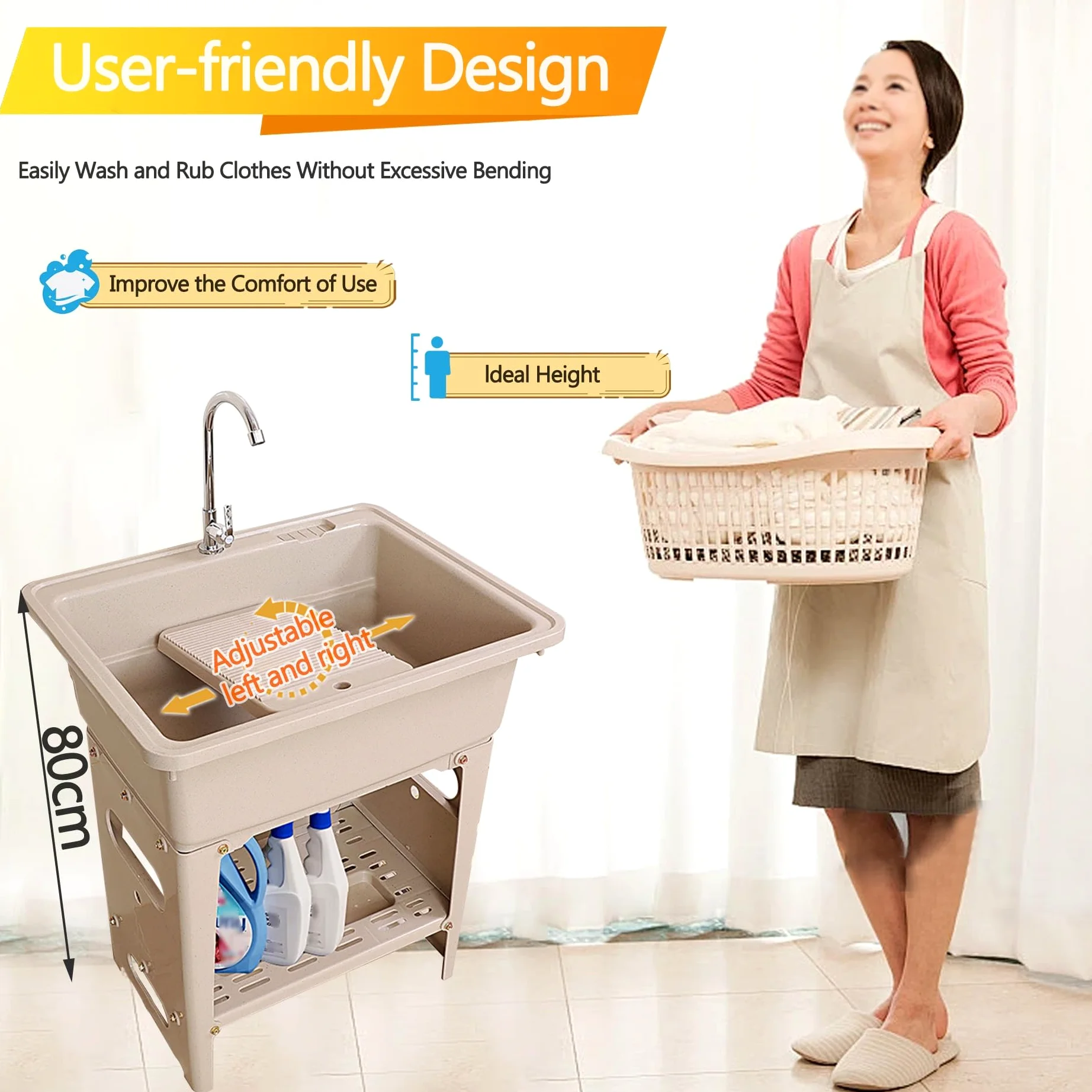 Lavello da Esterno Autoportante 80x58x80cm, Lavandino Lavanderia in Plastica con Rubinetto e Ripiano, Lavabo Portatile per Giardino e Campeggio, Grigio