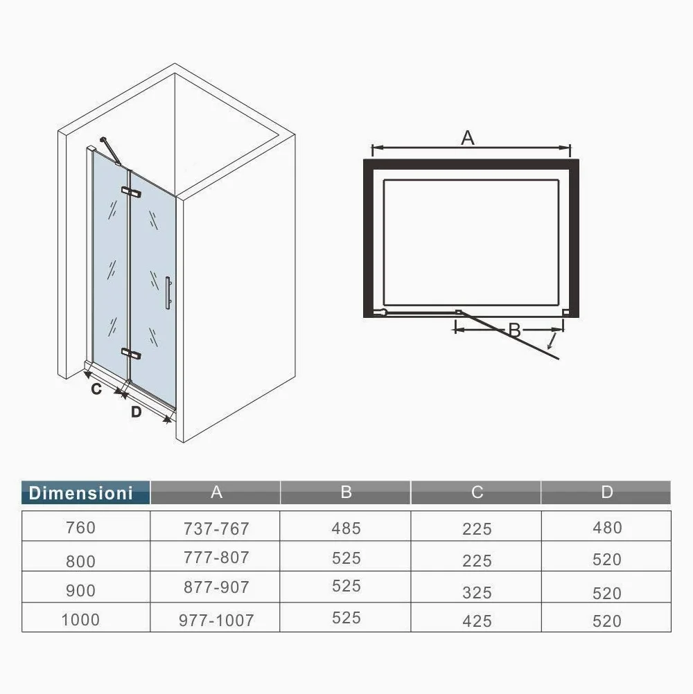 195cm Porta Doccia per Nicchia Apertura Battente Con Barra Stabilizzatrice Vetro 6mm Temperato Trasparente Anticalcare Larga 80cm