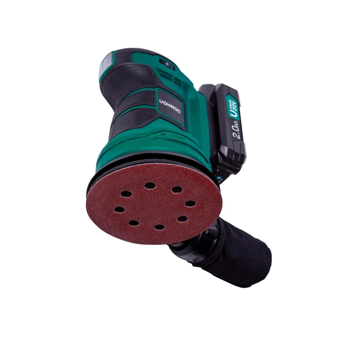 VONROC Levigatrice orbitale VPOWER 20V - Ø125mm. Include 2 batterie da 2.0Ah, caricabatterie, sacchetto raccolta polvere e 12 pezzi di carta abrasiva
