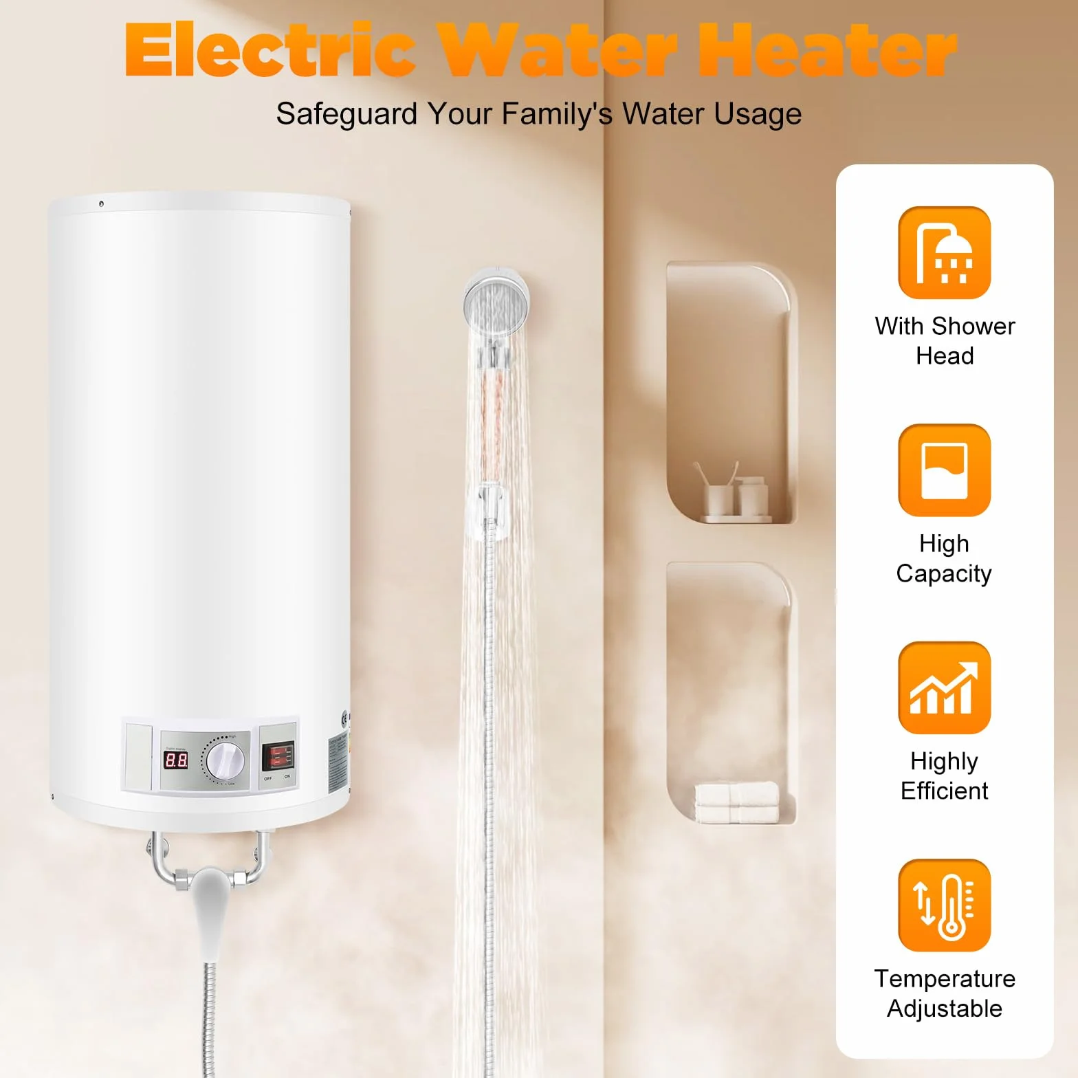 Serbatoio acqua calda elettrica 2000 W Smart Boiler a parete scaldabagno 80 L incl. valvola di sicurezza, soffione doccia e tubo, IPX4, temperatura di riscaldamento 25-75 ℃