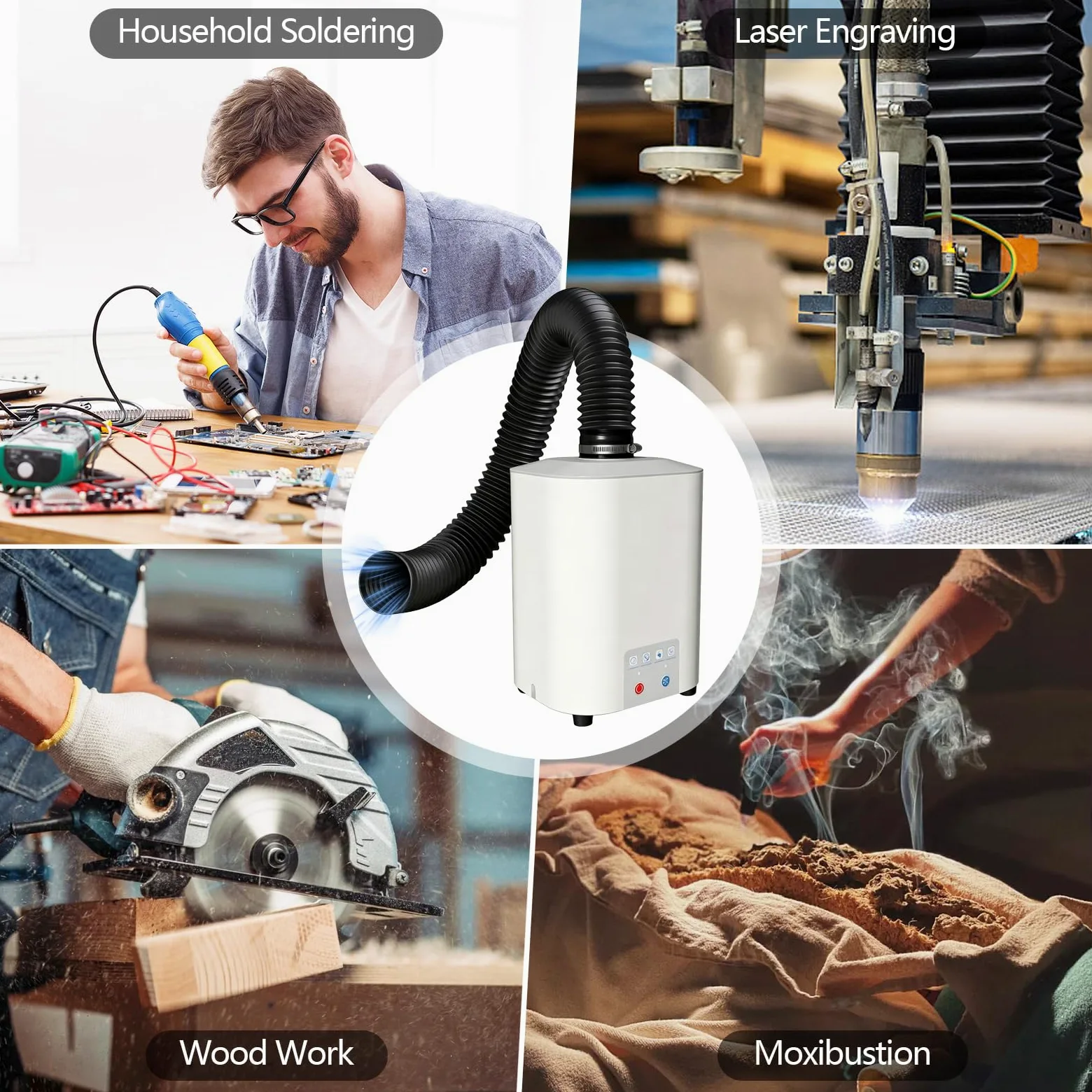 Aspiratore Fumi di Saldatura 50W con Sistema di Filtrazione a 3 Stadi, Purificatore d’Aria 128 m³/h Silenzioso <56 dB, per Saldatura, Laser e Stampa 3D, Include 5 Prefiltri di Ricambio
