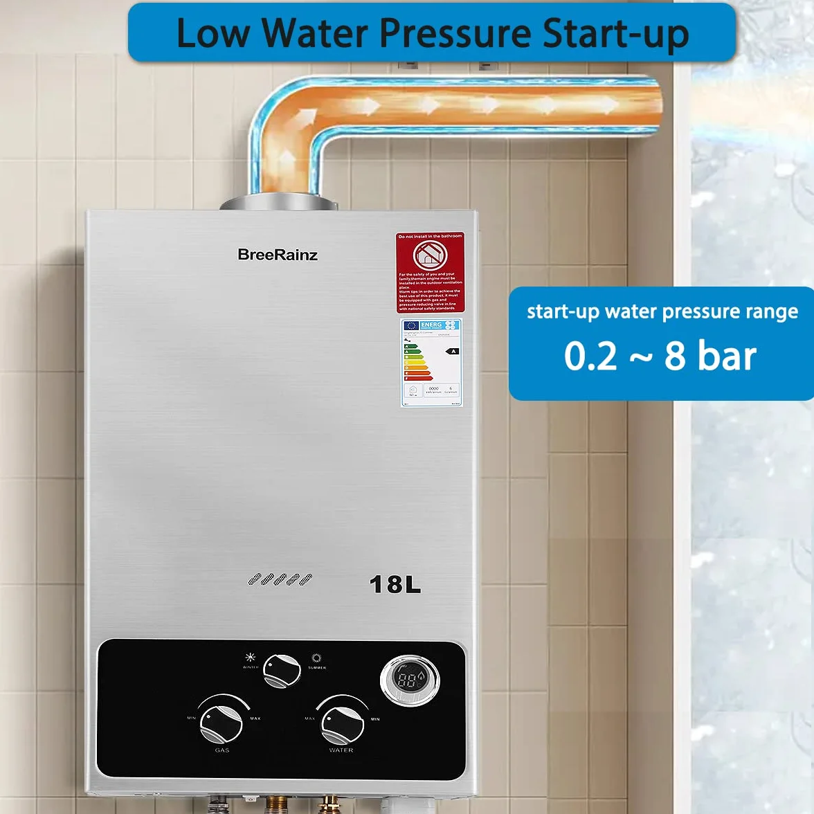 BreeRainz Scaldabagno a Gas 18LPM,36KW Scaldabagno Istantaneo a Propano,Funziona a Bassa Pressione dell'Acqua di Partenza Super Bassa, per Case,Cabine Esterno