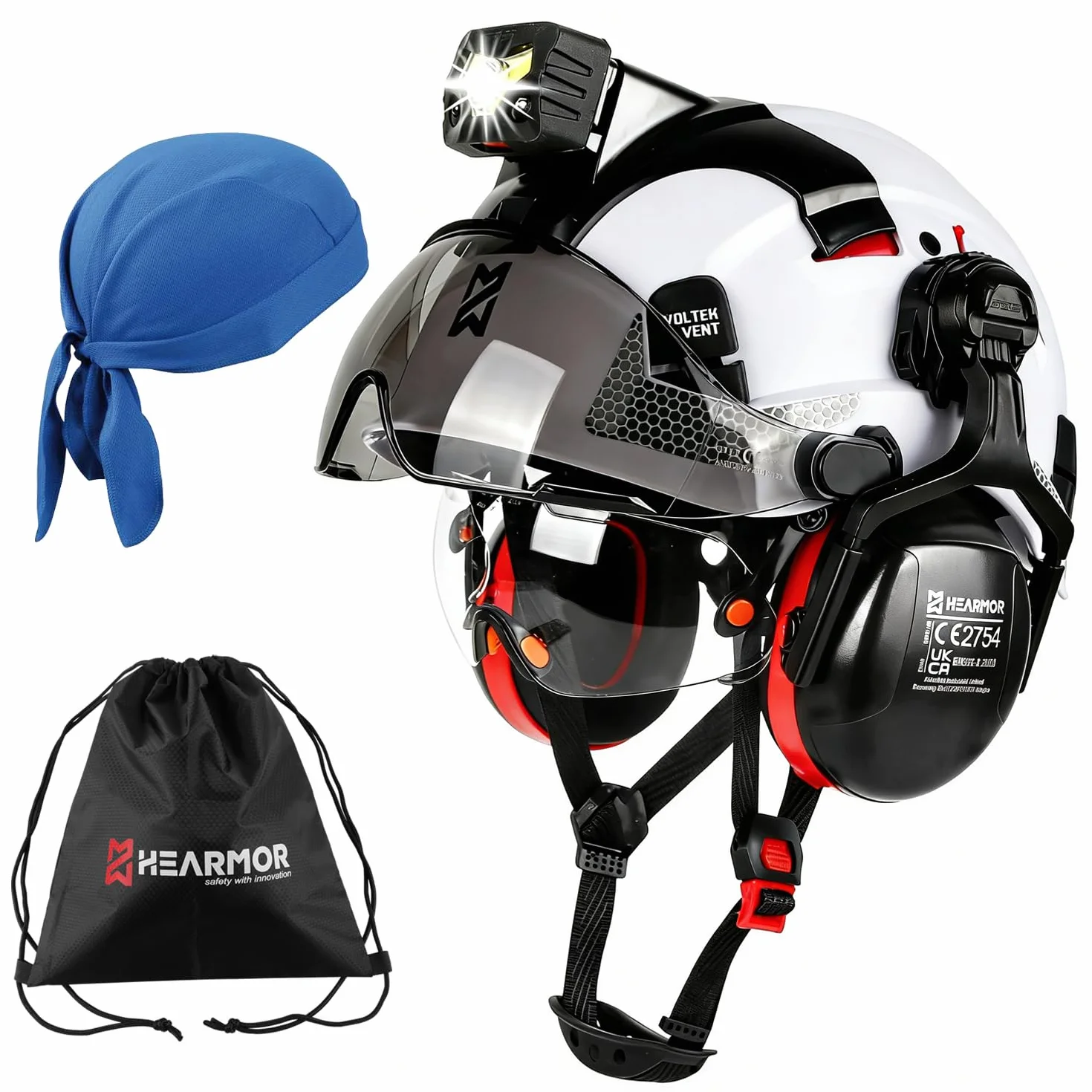 HEARMOR Voltek Casco di protezione industriale certificato CE EN397 con lampada a LED + visiera e protezione dell'udito | per lavori forestali, lavori di costruzione e arrampicata | Casco da lavoro di