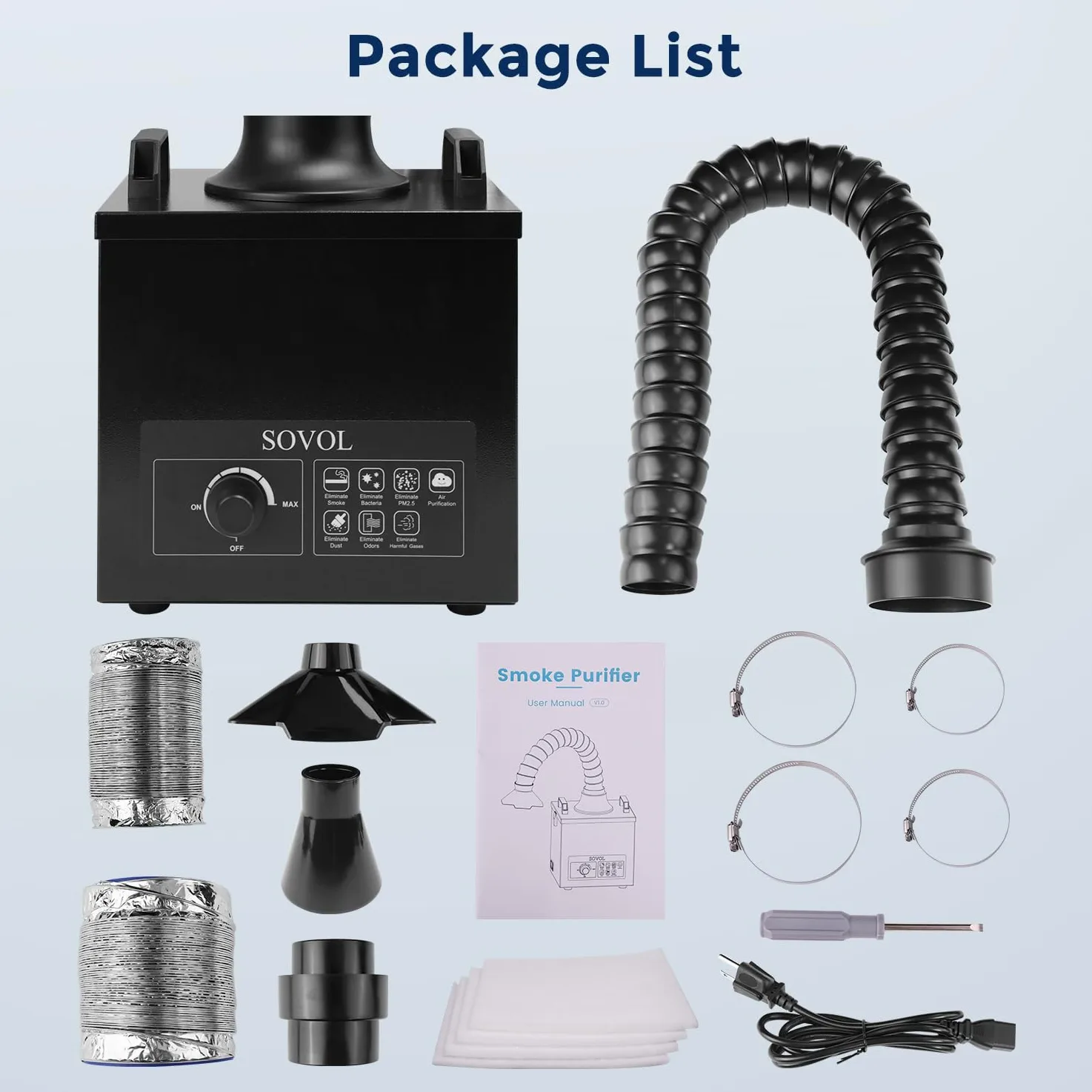 Sovol Assorbitore di fumo di saldatura, 100 W, con filtro a 3 livelli, volume d'aria 200 m³/h, 2 forme di fumo e 3 tubi di scarico per macchina per incisione laser