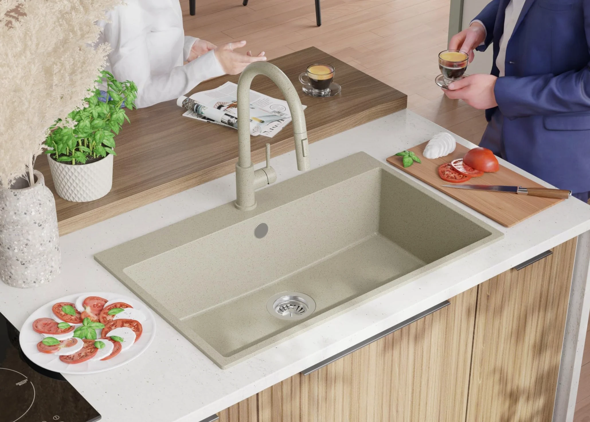 Lavello da Cucina Beige 78x50cm, Lavandino da Cucina a 1 vasca + Sifone Classico, Lavabo da Cucina Incasso al mobile 80cm - Riga di Primagran
