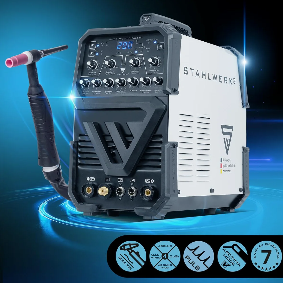 STAHLWERK Saldatrice AC/DC TIG 200 Puls ST – Inverter IGBT con modalità AC, MMA (elettrodo) fino a 200 A, innesco HF, funzione Pulse, 2T & 4T, Hotstart, per alluminio & lamiere sottili