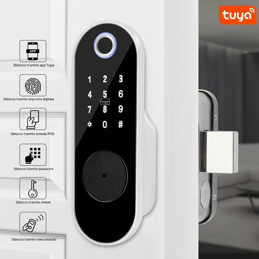 Tuya - Serratura elettronica intelligente digitale, sblocco tramite app, identificazione delle dita, codice anti-peep, telecomando, chiave RFID 5 in 1