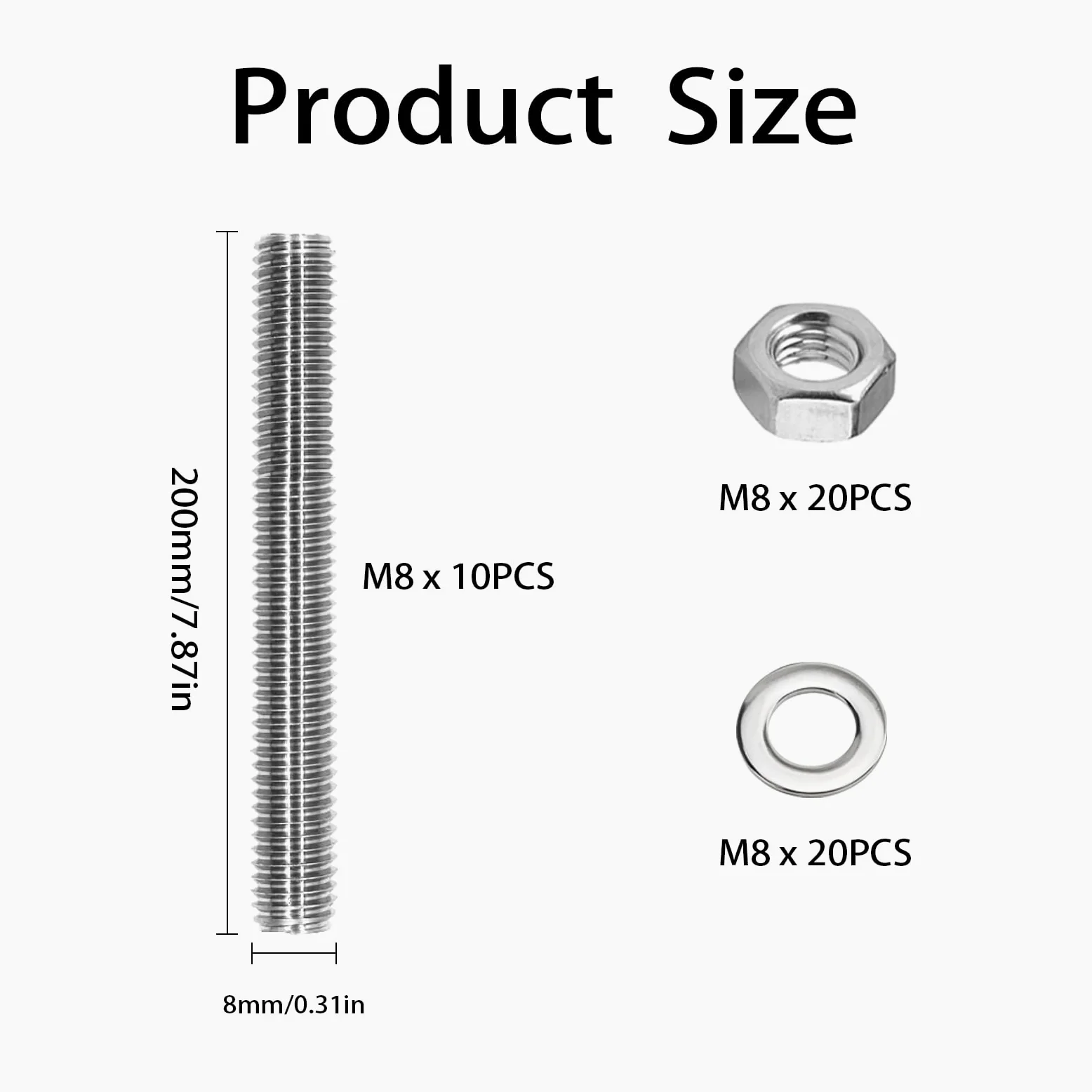 10 barre filettate M8 x 200 mm, con 20 dadi esagonali e 20 rondelle, barre filettate in acciaio inox, per costruzione di mobili, montaggio a macchina