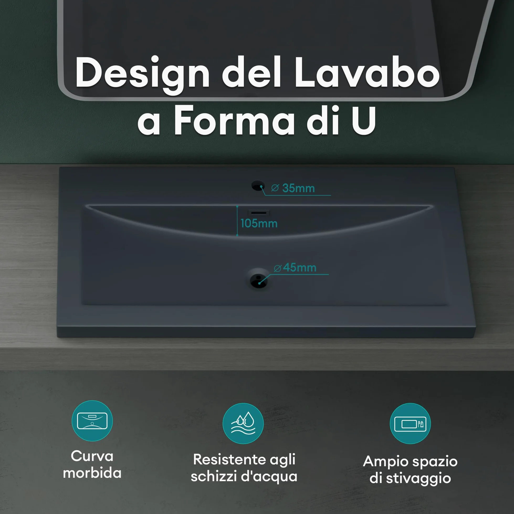 Mai & Mai Lavabo Incasso 100x48x13cm, Lavabo Sottopiano Lavandino Bagno da Marmo fuso Colossum01-1000,Antracite opaco