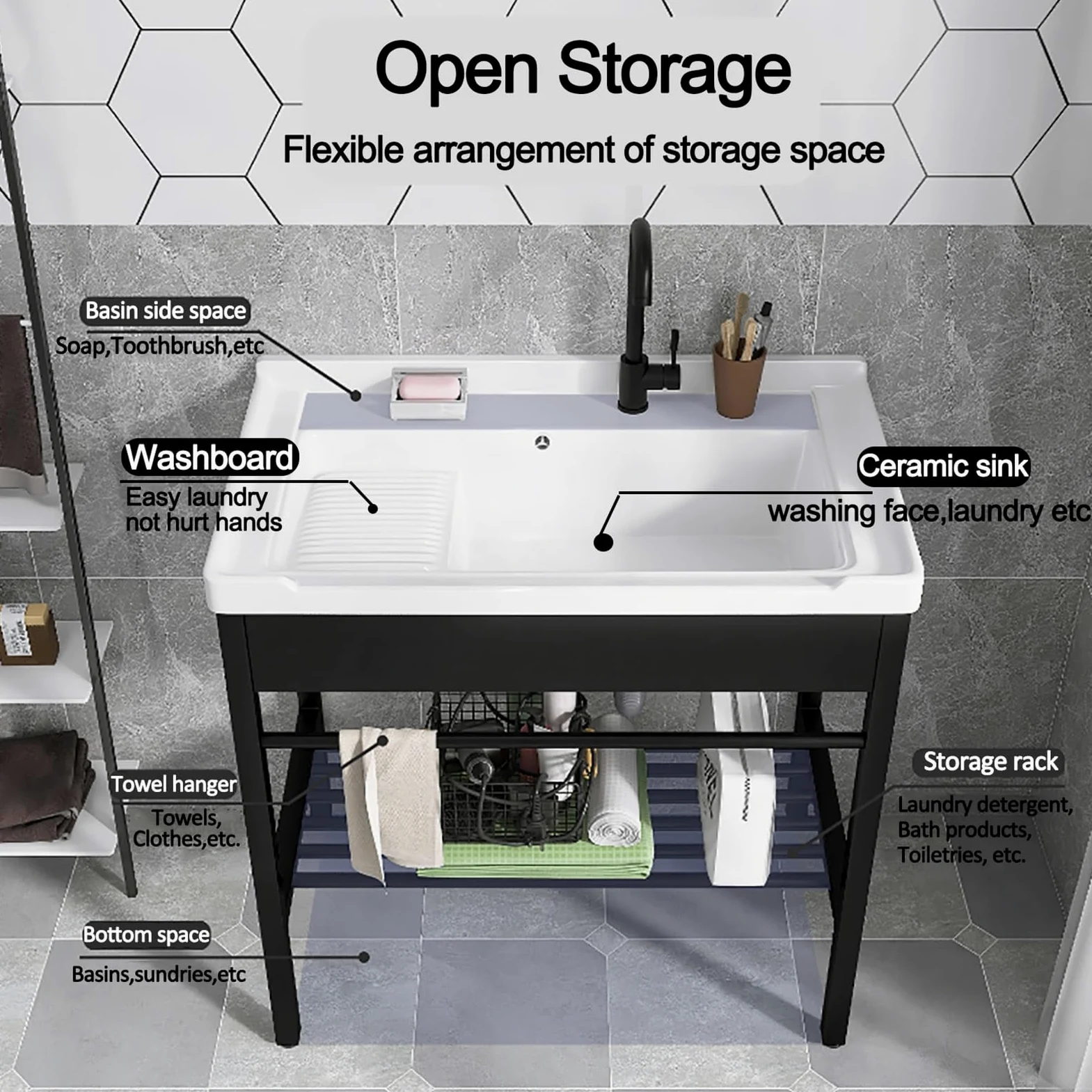 Lavandino In Ceramica Bianco, Lavabo Autoportante Con Rubinetto, Lavatoio Con Piedistallo Supporto In Acciaio Inossidabile, Lavello Per Lavanderia, Per Lavanderia, Ripostiglio, Garage, Cantina (Size