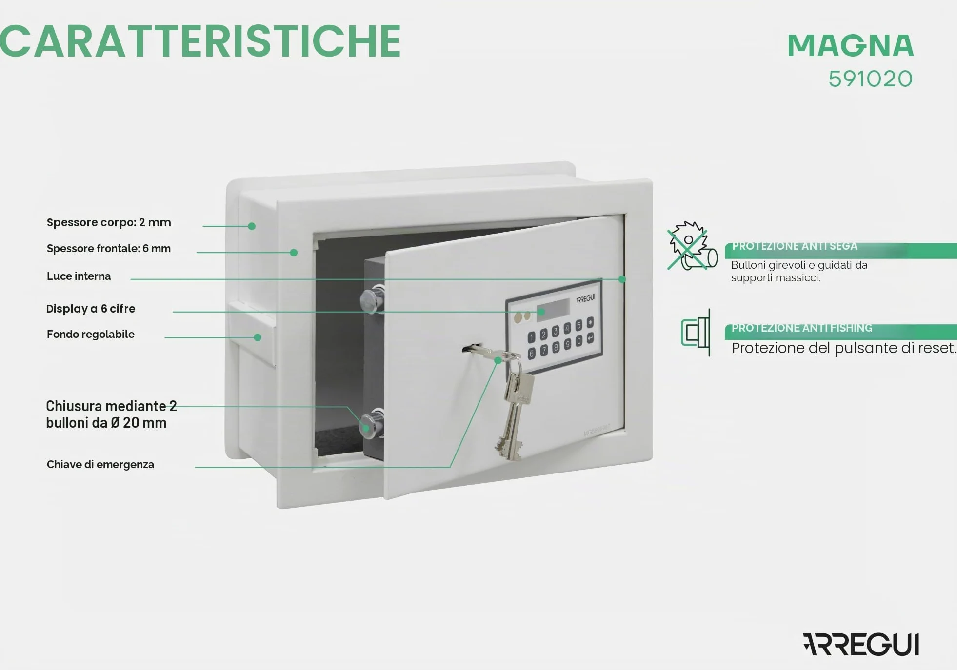 ARREGUI Magna 591020 Cassaforte da incasso con codice e chiave | Cassetta di sicurezza doppia con fondo estensibile per denaro | Cassaforte da parete elettronica per casa o ufficio | 26 x 36 x 15-25