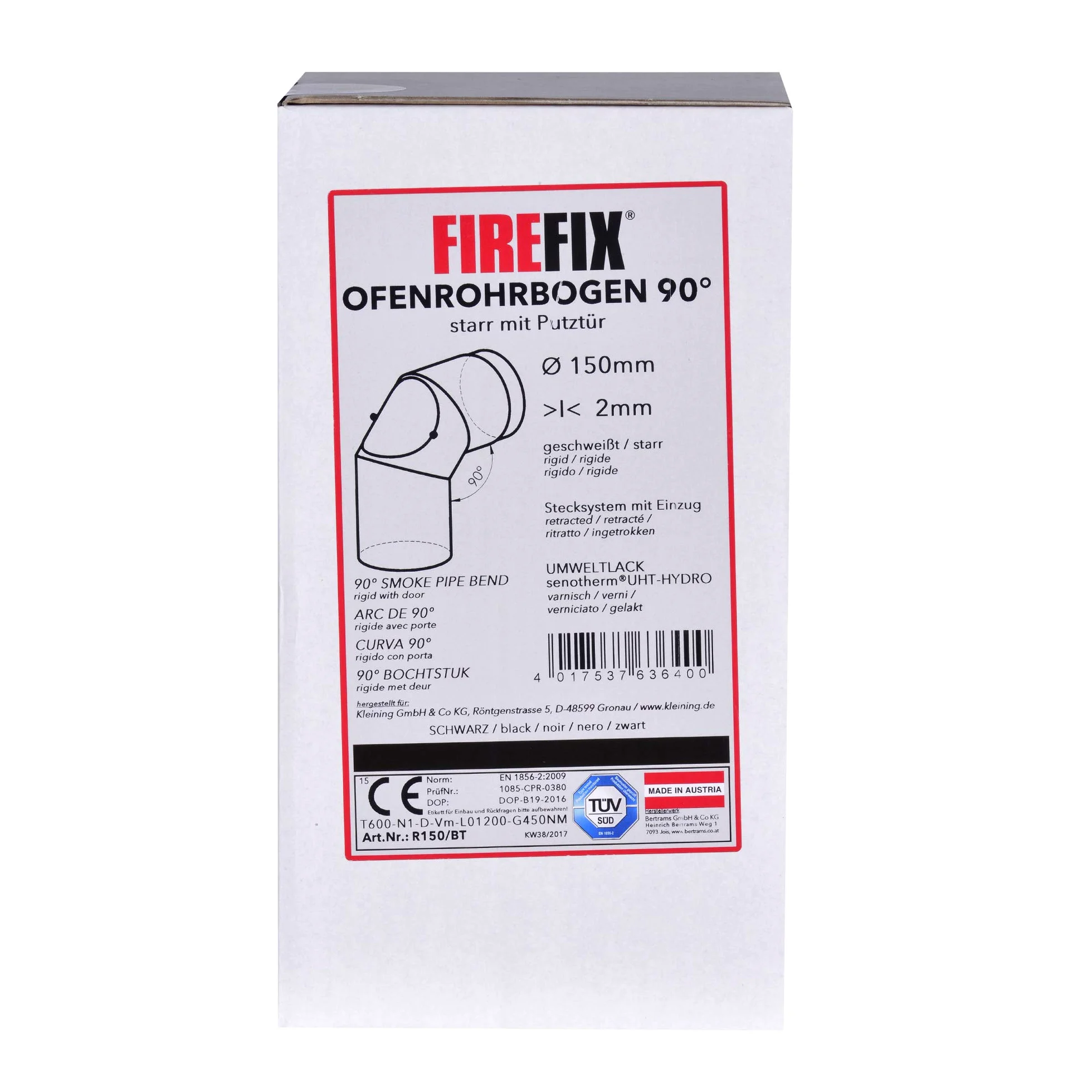 FIREFIX R150/BT - Tubo per stufa, in acciaio spesso 2 mm, diametro 150 mm, per stufe e focolari, Senotherm, nero, 90 gradi, con porta di pulizia