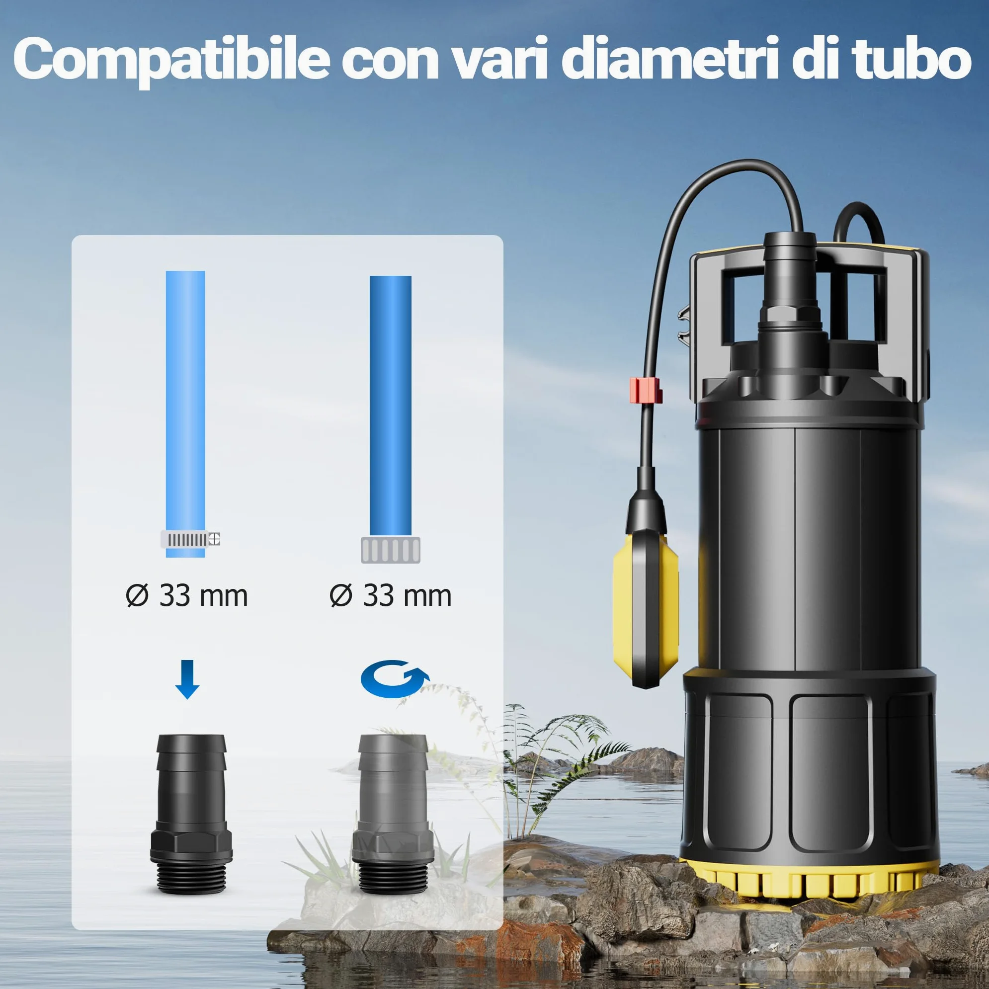 Wiltec Pompa sommersa, 1000W 5500 l/h, prevalenza 30 m, Elettropompa a immersione per pozzi e cisterne