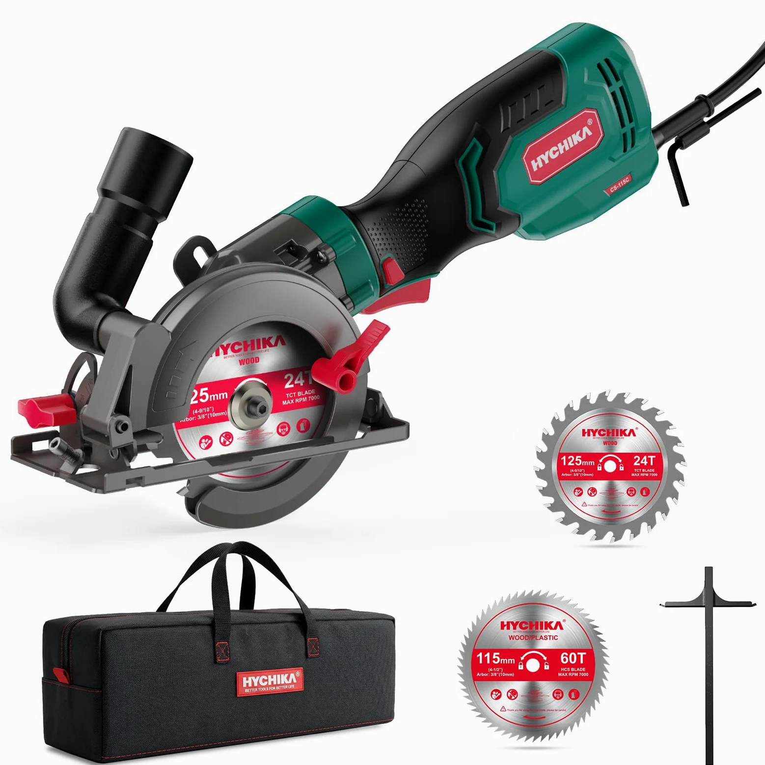HYCHIKA Sega Circolare a Mano, Mini Sega Circolare 750W 3500 giri/min con Borsa da Trasporto, 3 Lame da Sega 115+125mm, Guida Parallela, Profondità di Taglio 48mm, per Legno, Metallo Dolce, Plastica