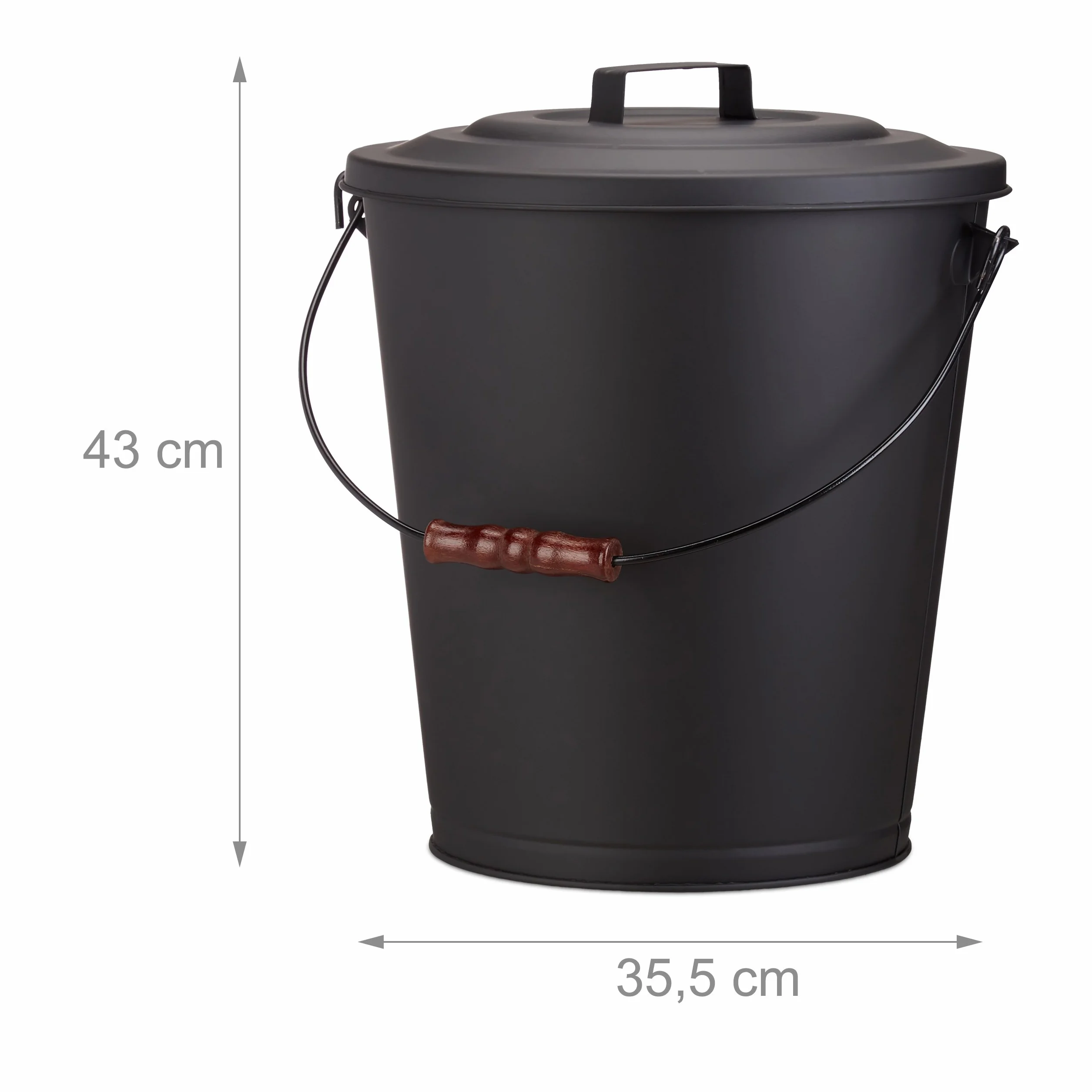 Relaxdays Secchio Raccogli Cenere con Coperchio, da 24 L, Coperchio con Manico & Impugnatura in Legno, Nero
