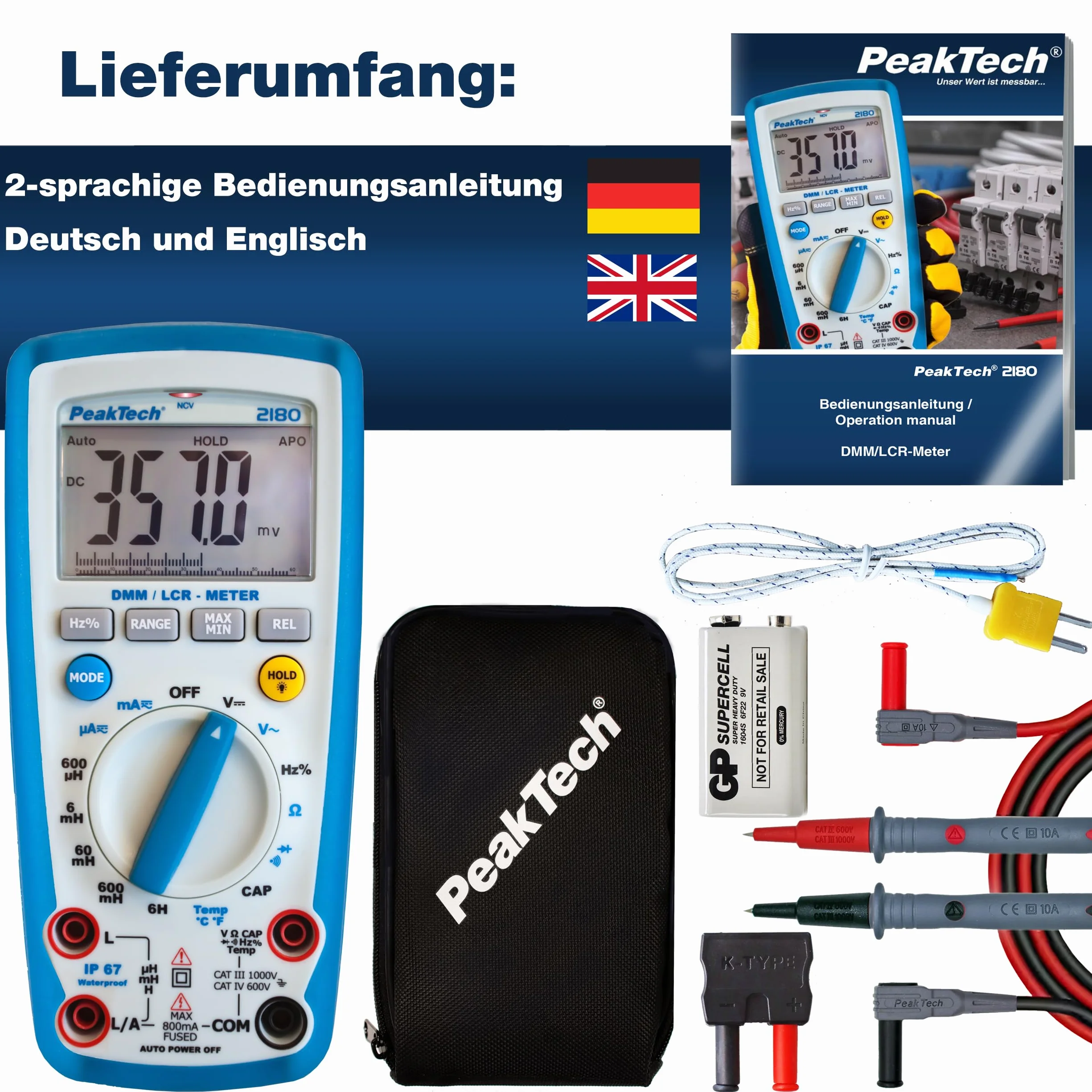 Peaktech P 2180 – Multimetro Digitale con Lcr, Resistenza, Capacità, Induttanza, 6000 Conteggi, Autorange, Amperometro, Tester di Continuità, Schermo LCD Illuminato - Cat Iii 1000 V
