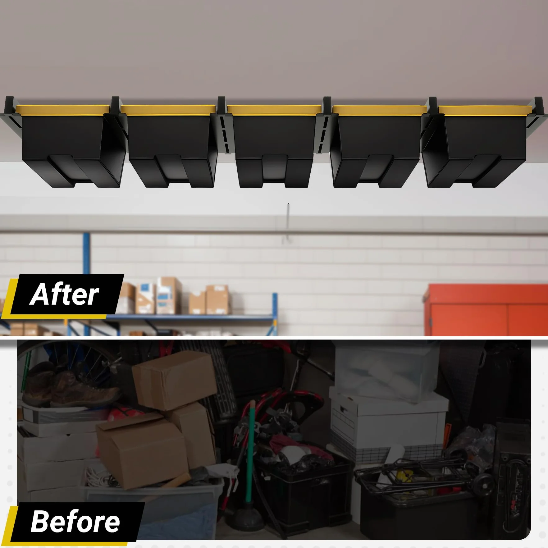 Rack portaoggetti da soffitto per garage a 5 contenitori, resistente, verniciato a polvere, per garage, capannoni, magazzini (6 pezzi, per 5 bidoni)