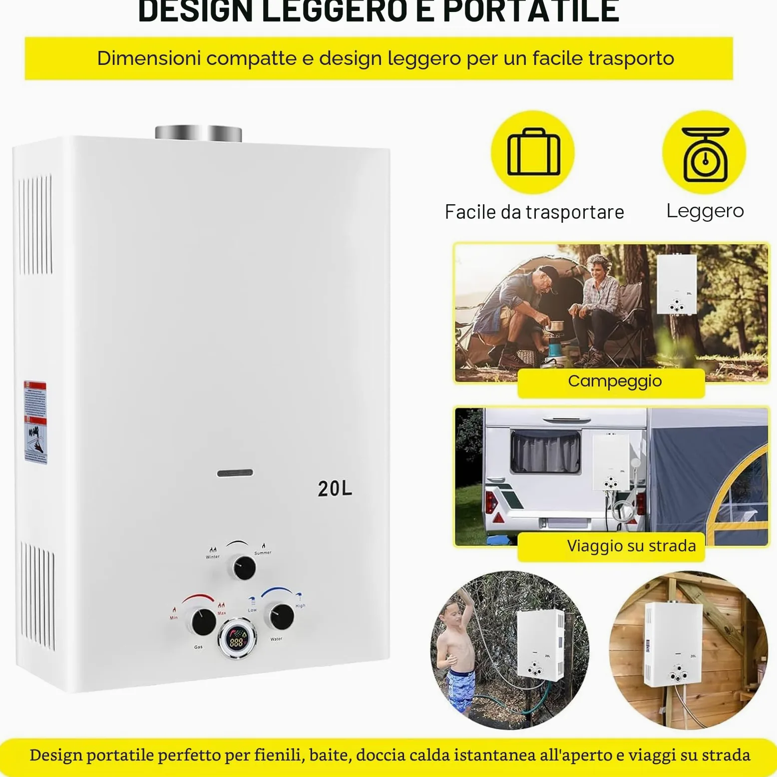 Scaldabagno a Gas 20L, All'aperto Portatile Scaldabagno Istantaneo a Propano Con Display Digitale Multi-Protezione Parete senza Serbatoio Scaldacqua Istantaneo Automatico