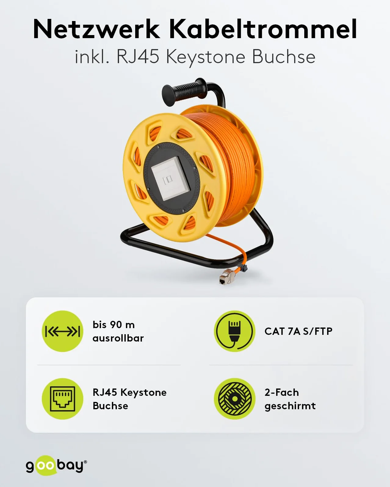 Goobay 58938 - Avvolgicavo di rete, 90 m, per esterni, Cat 7A, RJ45, Keystone, presa di rete, cavo di rete, prolunga 90 m, arancione