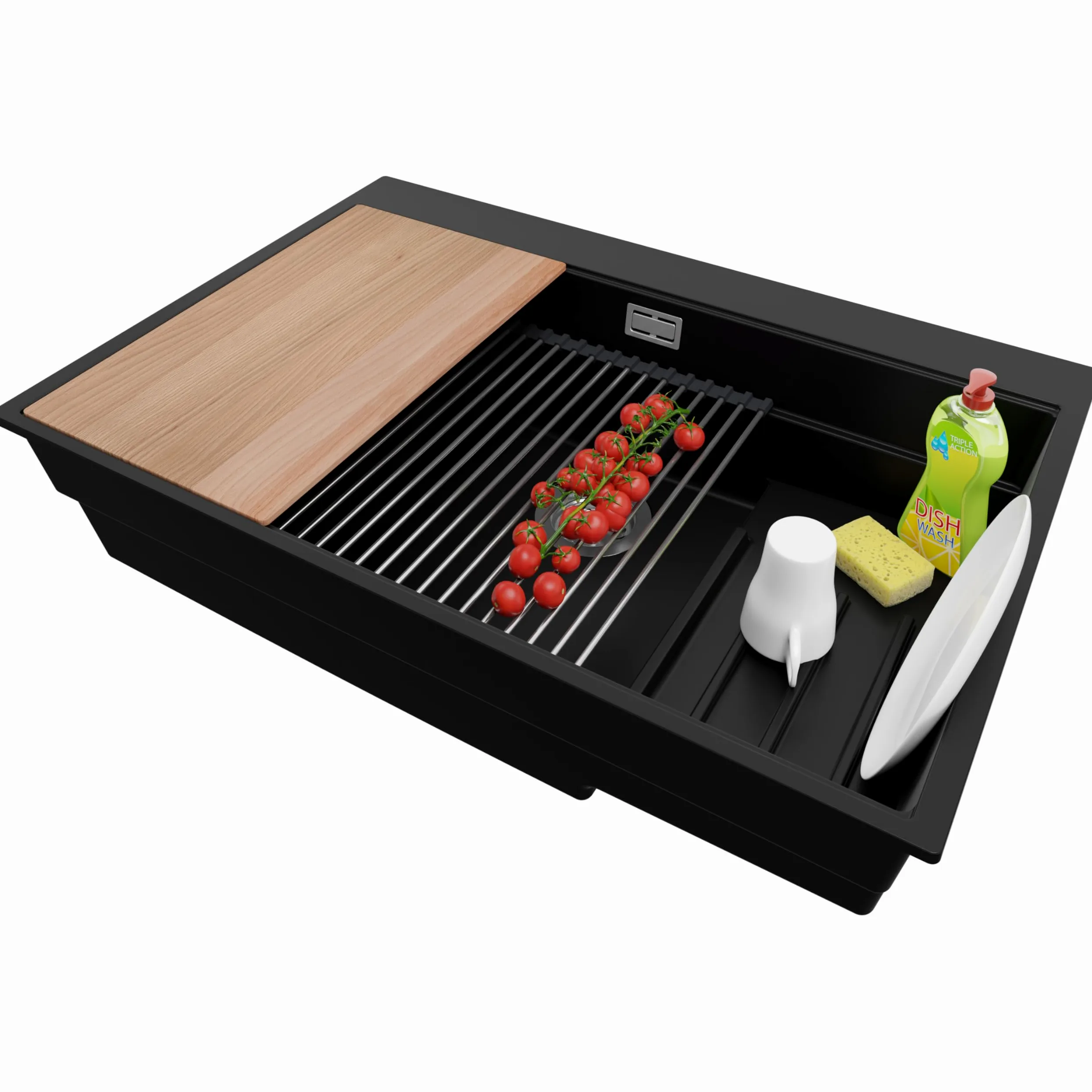 PRIMAGRAN Lavello da Cucina Nero 78x53cm, Lavandino in Granito a 1 vasca + Sifone Classico, Lavabo da Cucina Incasso al Mobile 80cm - Oslo Max Step S095