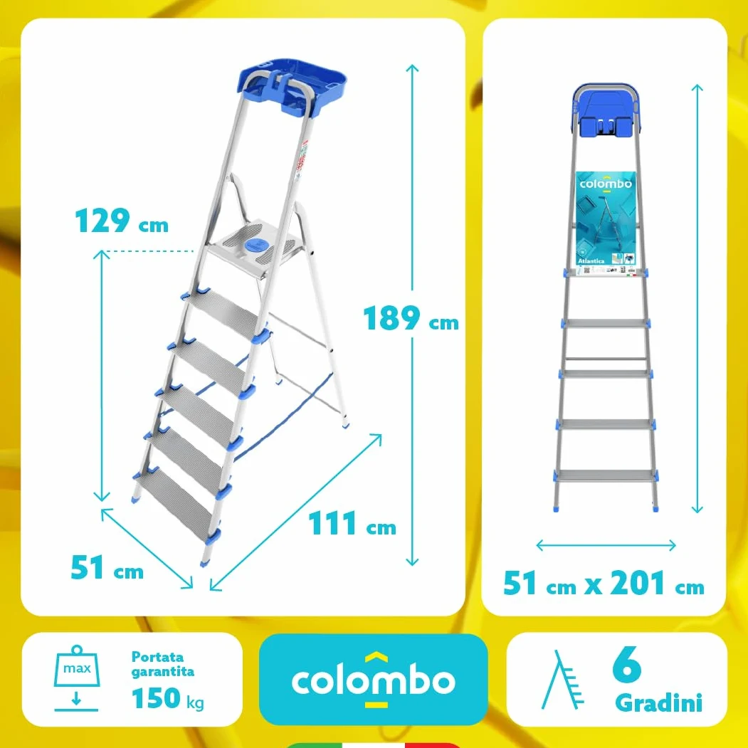 Colombo Scala Alluminio Atlantica 3/4/5/6/7/8 Gradini | Scala 6 Gradini Extra Large 12cm con Piattaforma Antiscivolo e Vaschetta Portautensili | Conforme EN131 TÜV-GS | Portata 150kg | Made in Italy