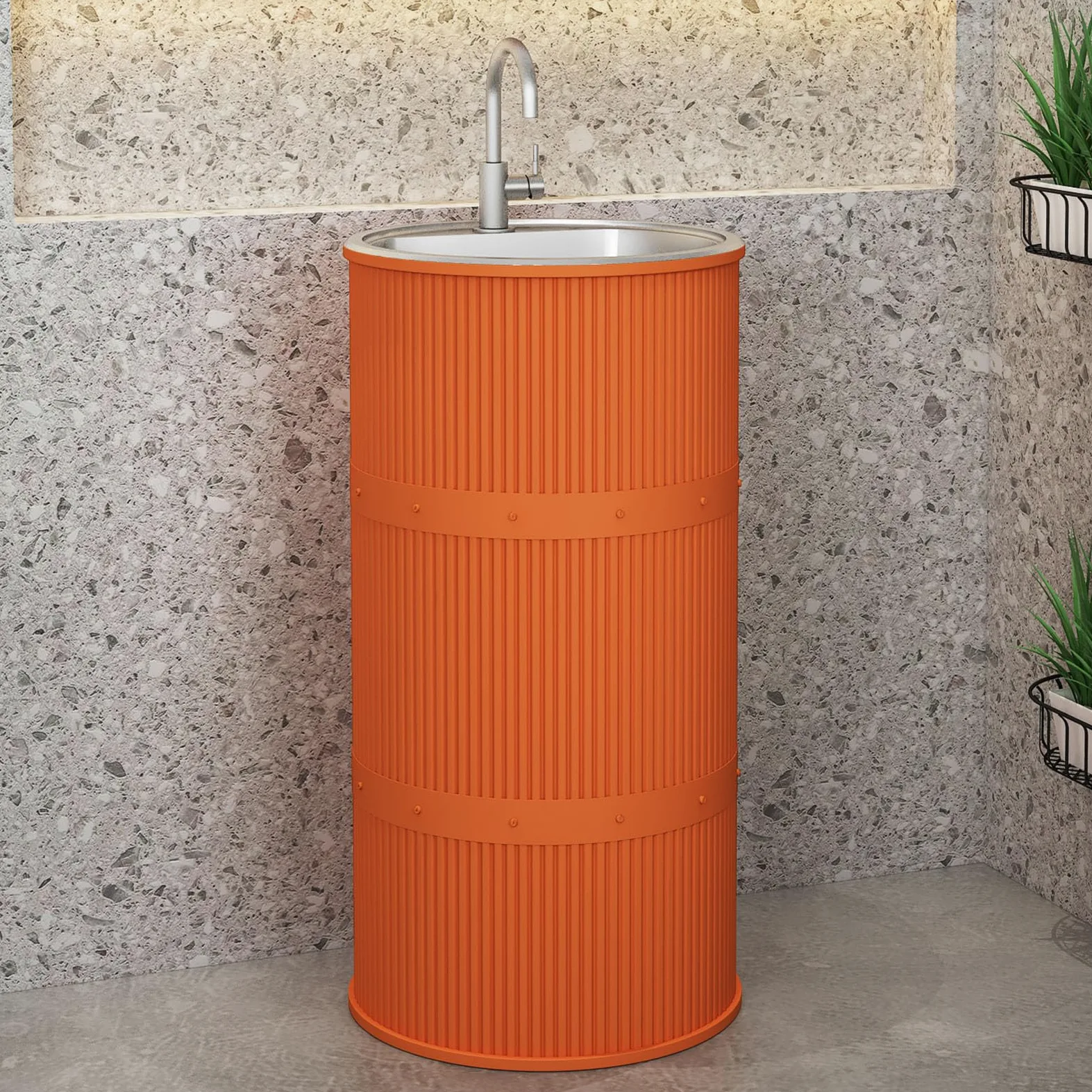 Lavandino a Colonna Moderno in Ferro Battuto, Mobile da Bagno con Lavabo in Acciaio Inox, Lavandino su Piedistallo Freestanding Set con Rubinetto e Scarico (senza contenitore,Arancione)