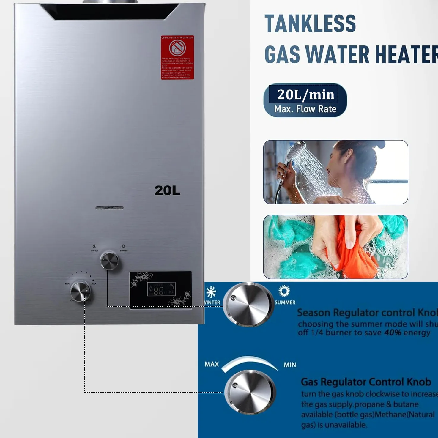 Scaldabagno a Gas GPL 20L, Scaldabagno Istantaneo a Propano, 40KW a Parete senza Serbatoio Scaldacqua Istantaneo Senza Serbatoio con Kit Doccia, Funziona a Bassa Pressione dellAcqua