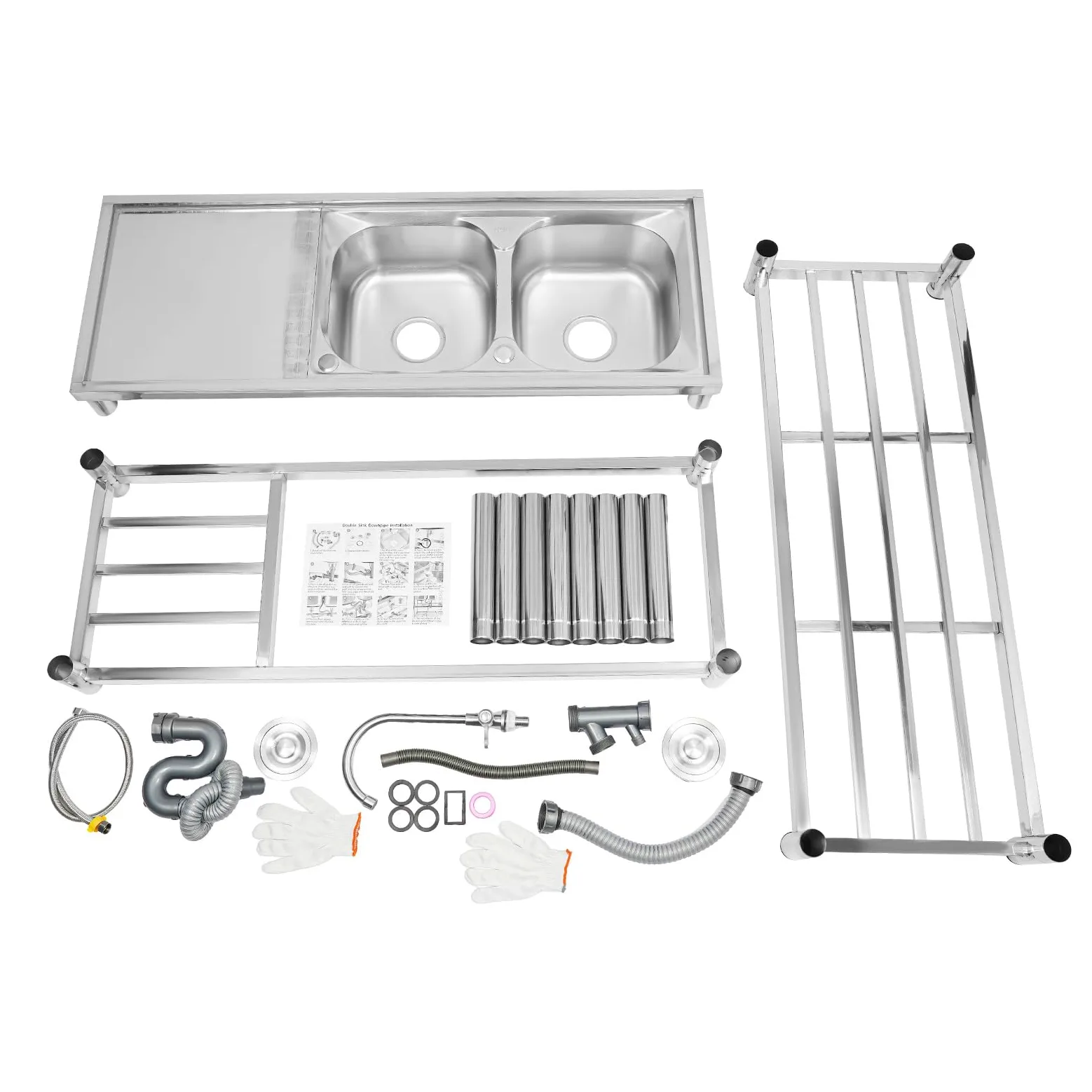 Lavello da cucina in acciaio inox, a 2 vasche a 3 livelli, autoportante, con rubinetto, per ristorante, campeggio, 120 x 45 x 80 cm, con accessori e scolapiatti