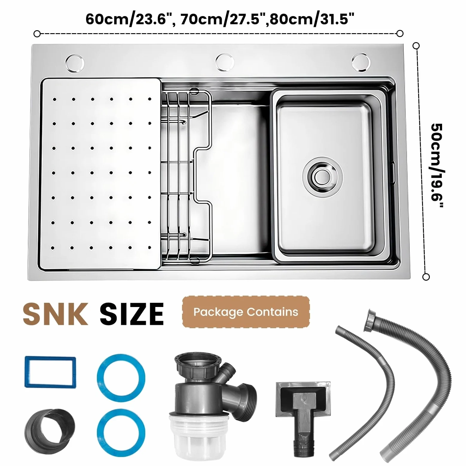 80x50cm Lavello Cucina In Acciaio Inox 304, Con Scolapiatti, Scheda Multifunzione, Filtro a Cestello, Sifone e Set Di Drenaggio, Uscita Di Scarico Destra, Da Incasso e Sottotop, 1 Vasca