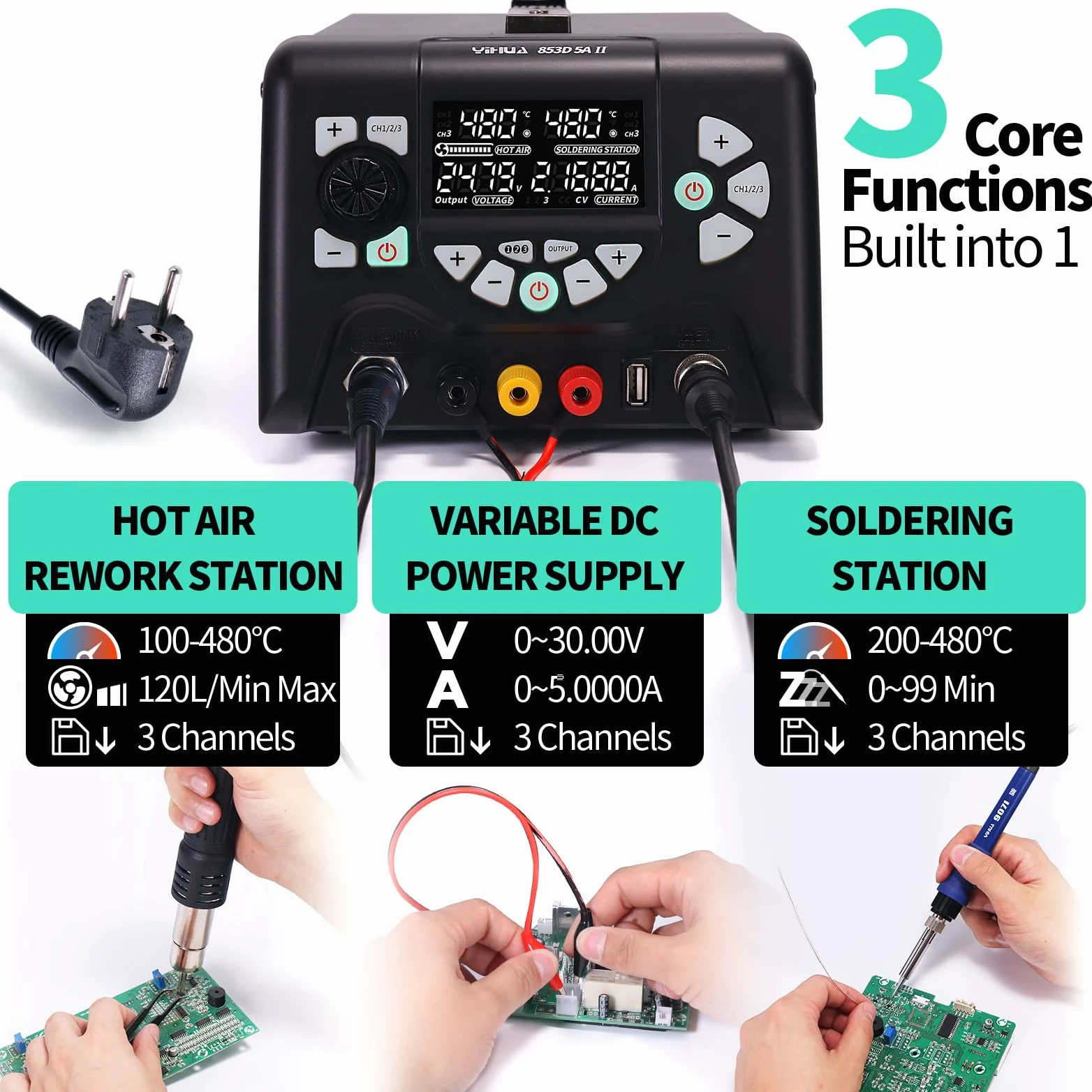 YIHUA 853D 5A-II Professionale Stazione Saldatore Saldante Aria Calda Alimentatore da Banco 3-IN-1 0-30.00V 0-5.0000A regolabile con 21 accessori(EU PLUG)