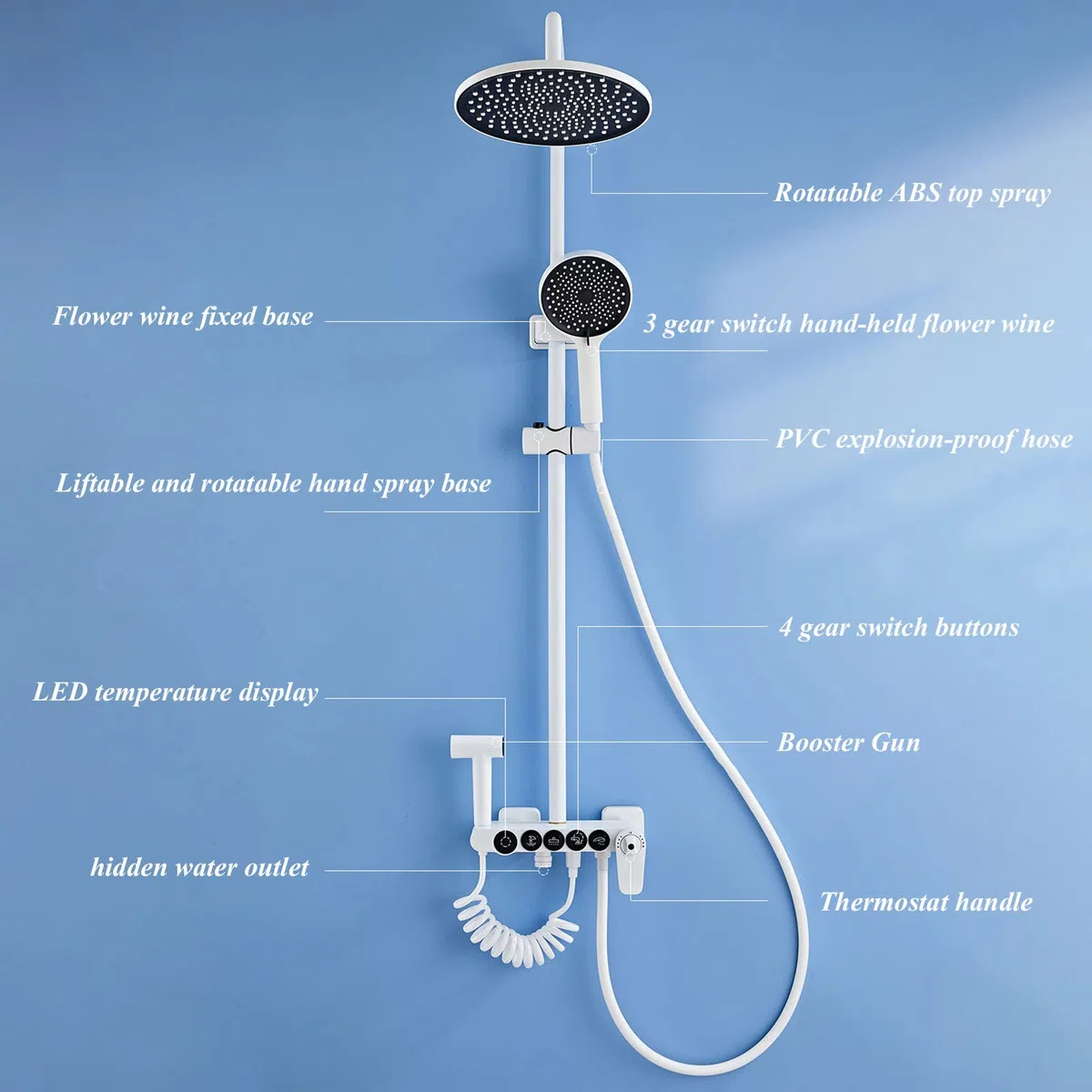 Soffione doccia combinato, soffione doccia a pioggia ad alta pressione da 25,4 cm, con braccio di estensione regolabile, funzione display digitale e soffione portatile a 3 impostazioni