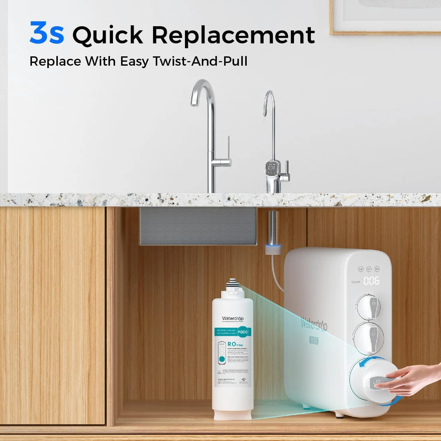 Waterdrop WD-G3P800-N2RO Filtro, Ricambio per il Sistema Aosmosi Inversa Senza Serbatoio WD-G3P800-W, Ridurre PFAS, Durata di 2 Anni