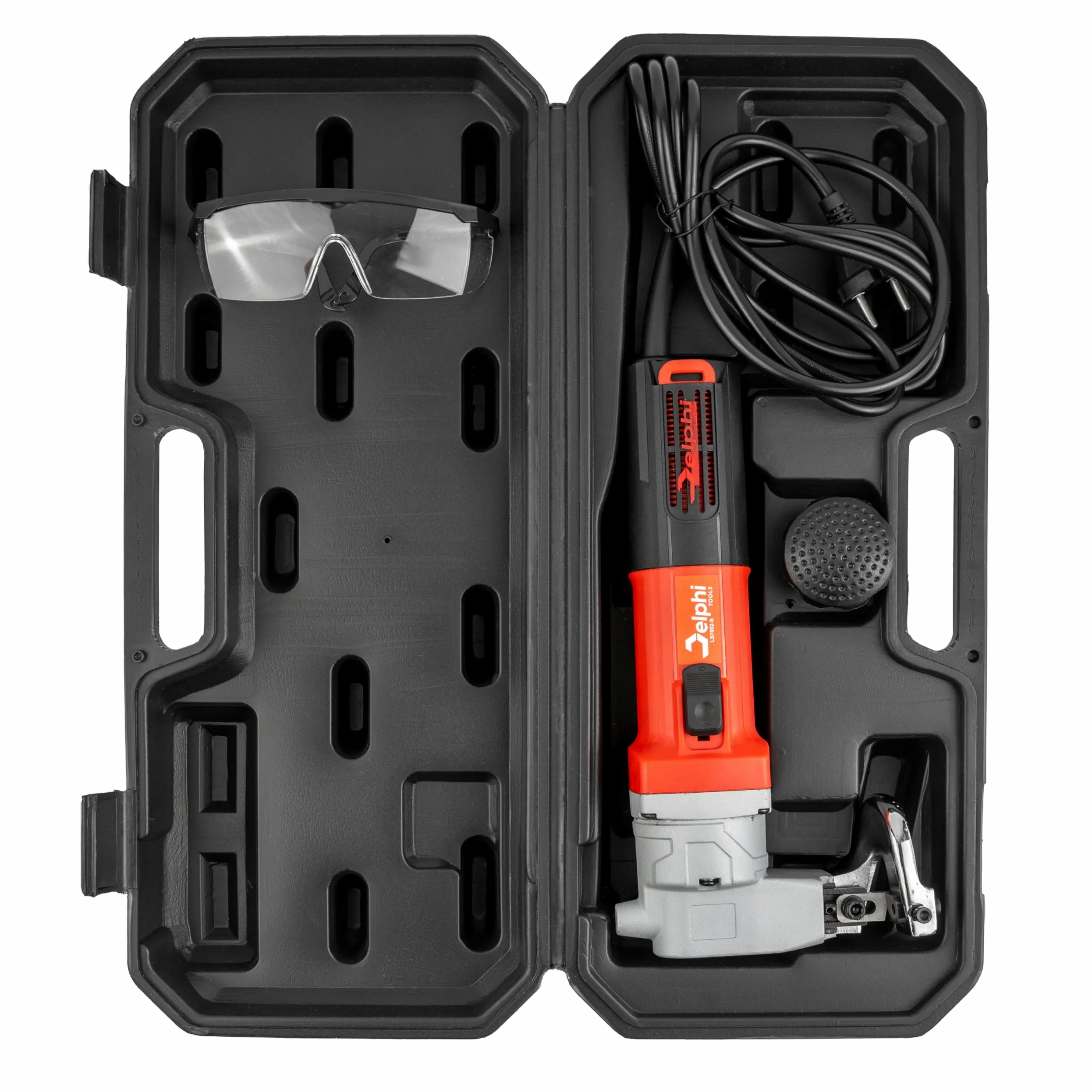 DELPHI Forbici elettriche per lamiera, 850 W, 220 V, qualità industriale, in acciaio inox, taglierina per metallo, taglio fino a 2,5 mm, piastra in acciaio da costruzione 2200 rpm