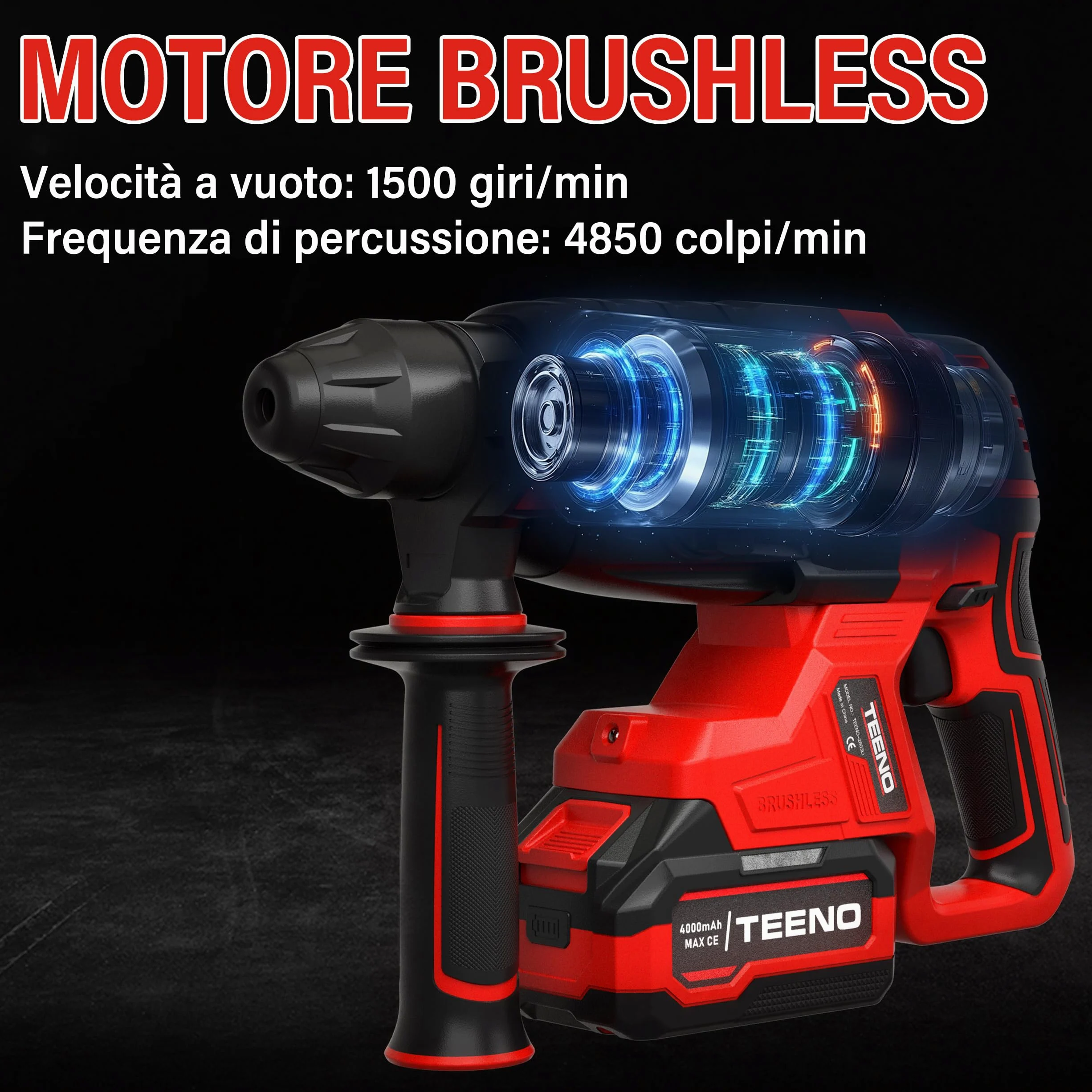 Tassellatore a Batteria 20V Senza Spazzole, 2.6J, 1500RPM, 4850BPM, SDS-Plus 3 Funzioni, 2×4.0Ah Batterie e Caricatore, Luce LED, Design Antivibrazione con Valigetta e 8 Accessori