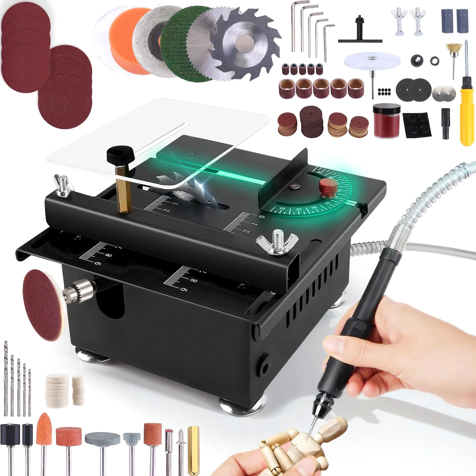 Mini Sega da Tavolo 100W - Multifunzionale e Portatile Sega da Tavolo Miniaturizzata DIY, 0~16mm Altezza di Taglio Regolabile, 7-Velocità regolabile, 4 lame, per Artigianato e Lavorazione