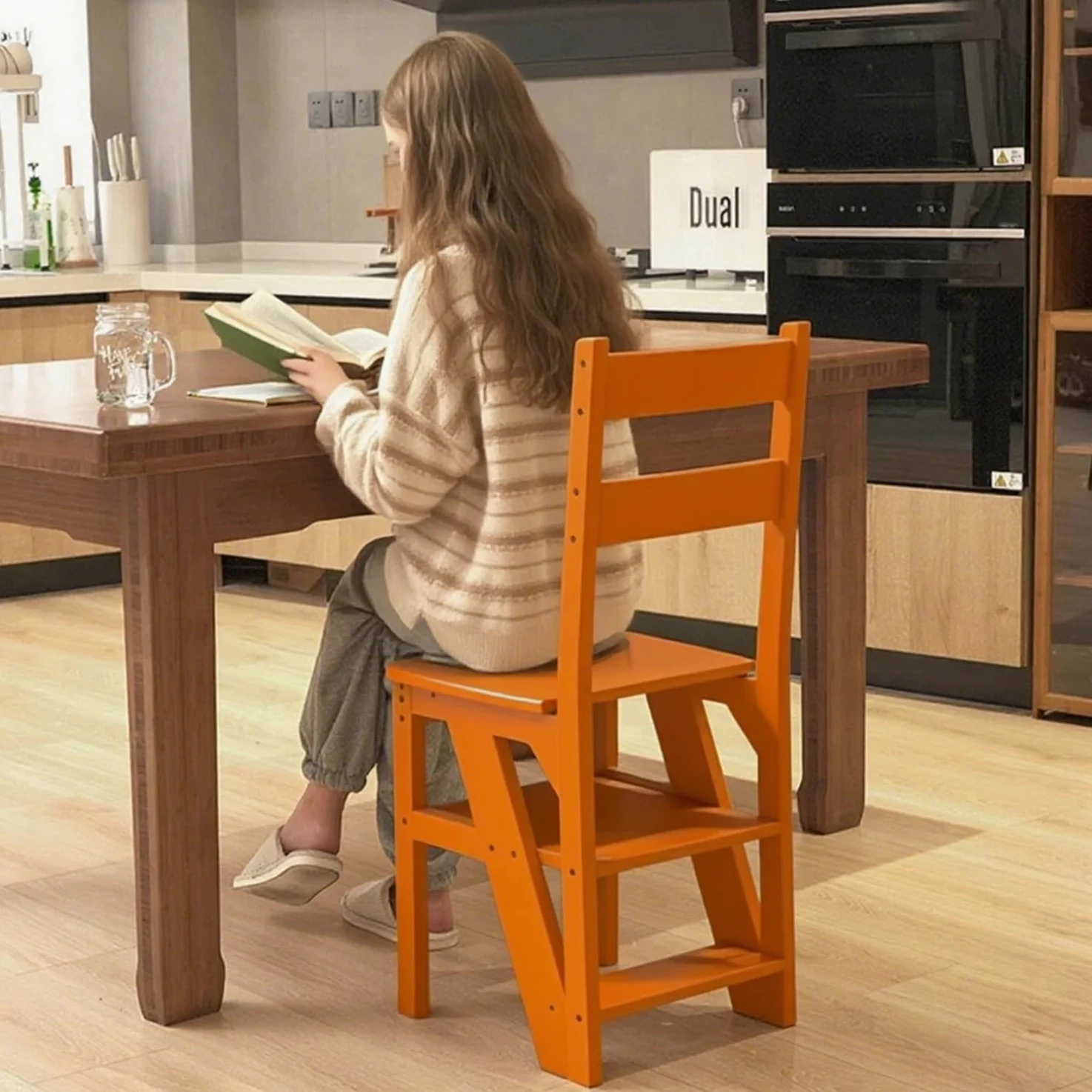 Sgabello a Scala Pieghevole 3-in-1 in Legno Massello, Sgabello Convertibile e Supporto Espositivo, Scala Multi-funzionale a 4 Ripiani, per Casa, Cucina, Biblioteca, Capacità 150kg (Marrone)