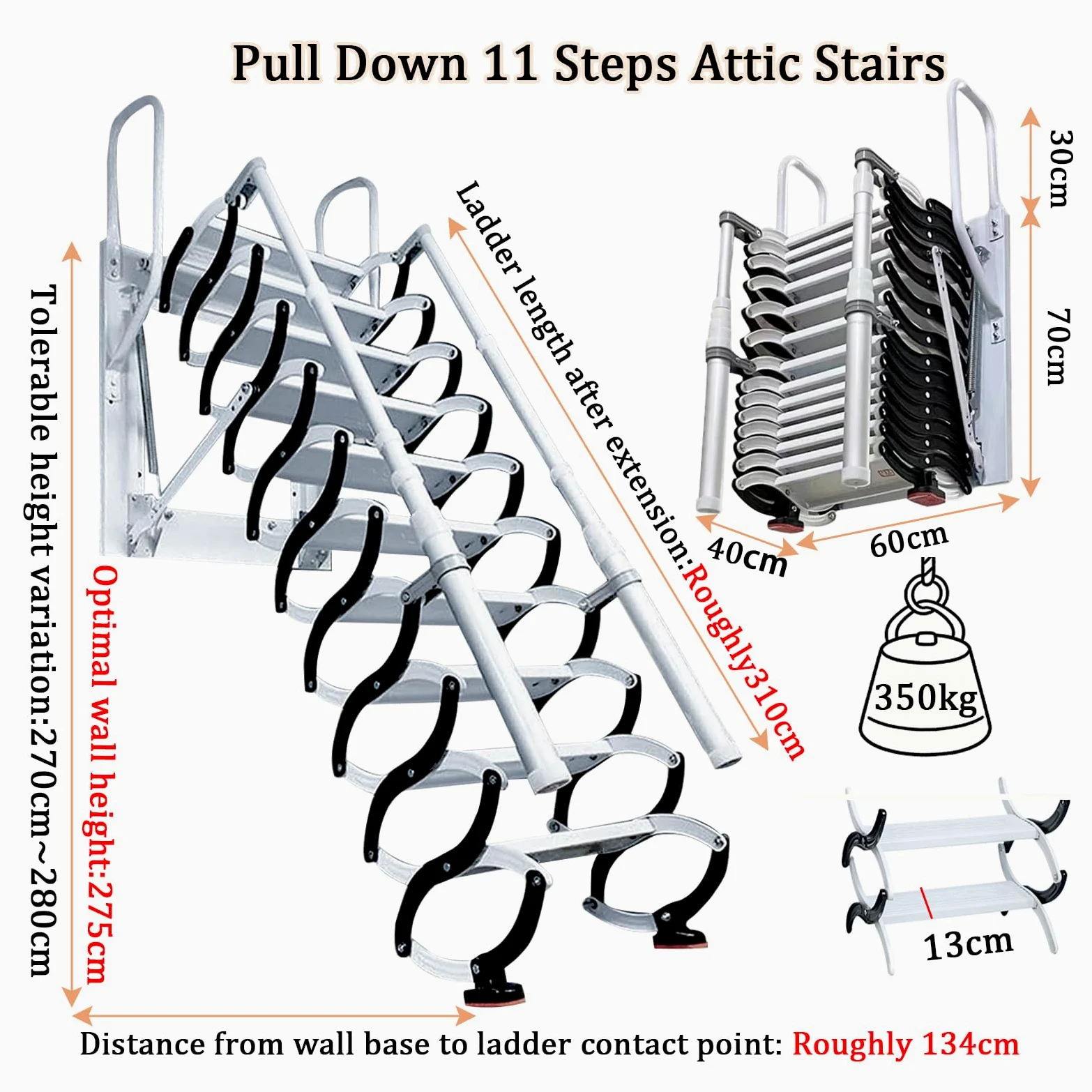 11 gradini Scale accesso sottotetto, Scala pieghevole mansarda soffitta, Scala retrattile a muro con,scala soppalco braccioli, portata 350 kg, Adatto per ripostigli, cantine e garage (11 gradini)