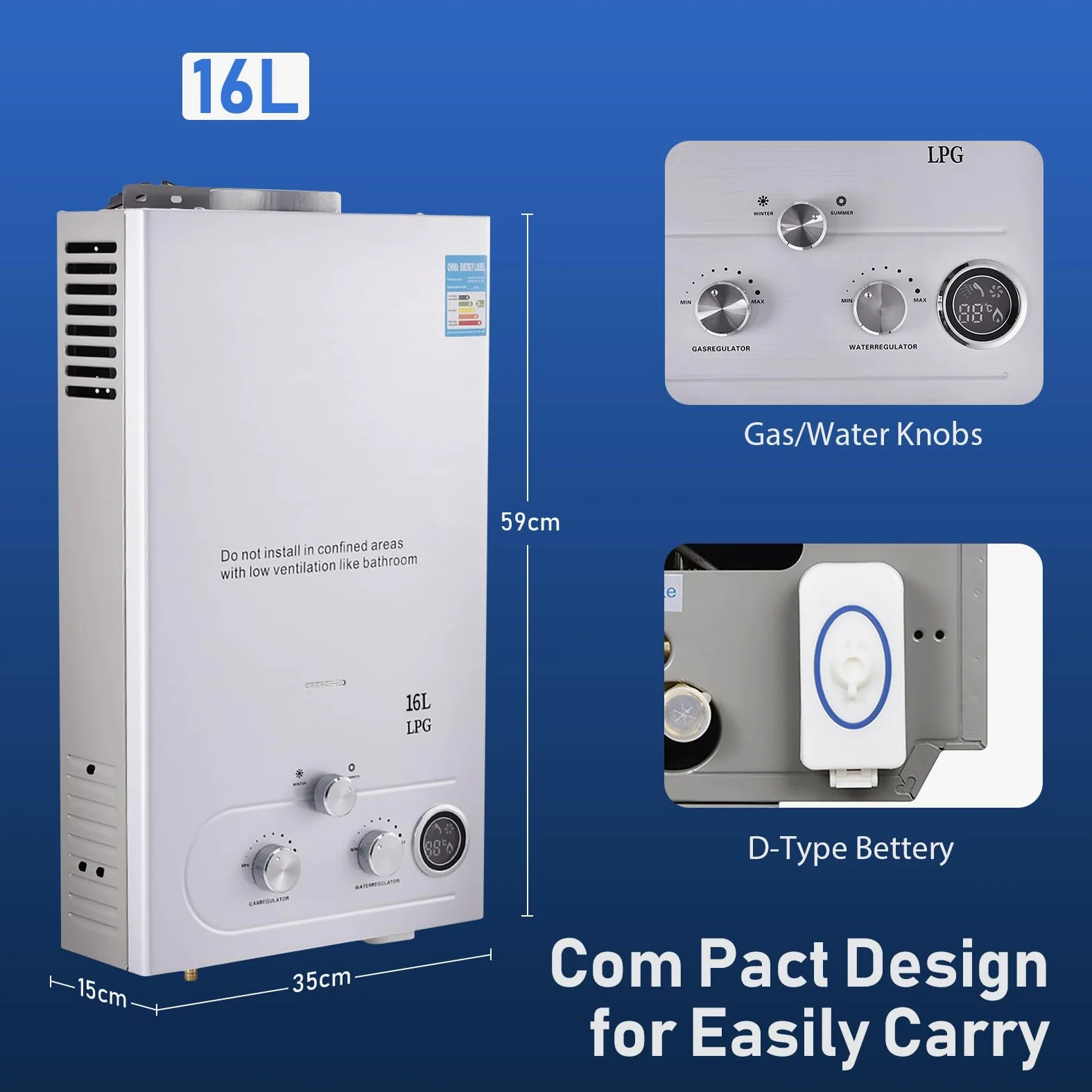 GPL 16L Scaldabagno a Gas Propano, Scaldabagno Istantaneo Senza Serbatoio da 32KW con Kit Doccia, Bruciatore per Caldaia per Campeggio, Camper, Casa(Argento)