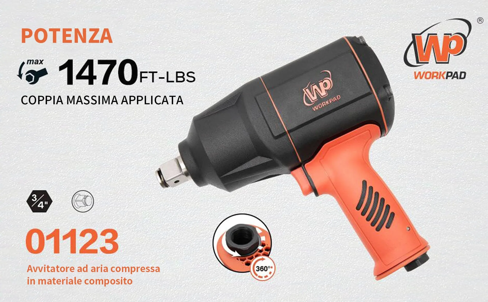 WORKPAD Avvitatore a impulsi pneumatico Twin Turbo, coppia di serraggio max. Coppia di allentamento 2000 Nm, attacco quadro 19 mm (3/4 di pollice), avvitatore a impulsi ad aria compressa.