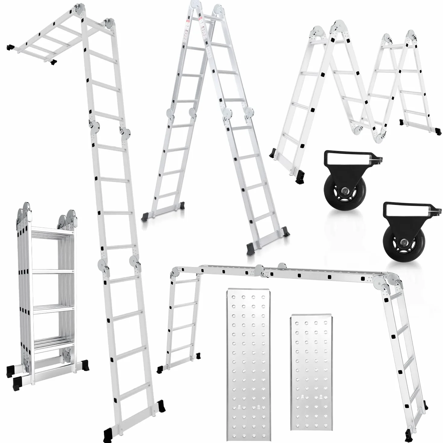Herrselsam Scala multiuso 4 x 4, 7 in 1, 470 cm, in alluminio, con 2 piattaforme e ruote, portata massima 150 kg, scala multifunzione 16 pioli (DY8972-M-1x)